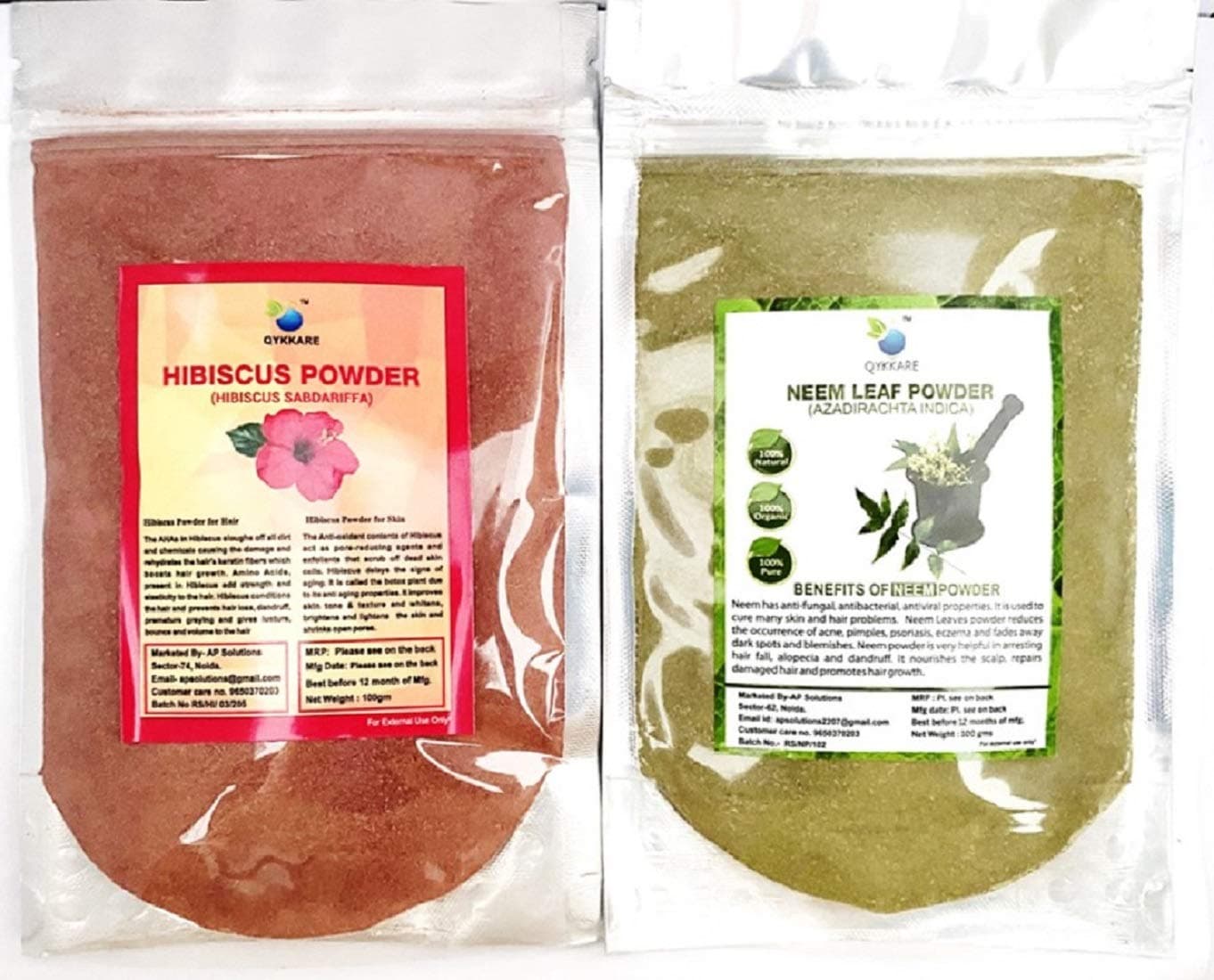QYKKARE Hibiscus and Neem Leaf Powder Combo Pack (100 Gram X 2)