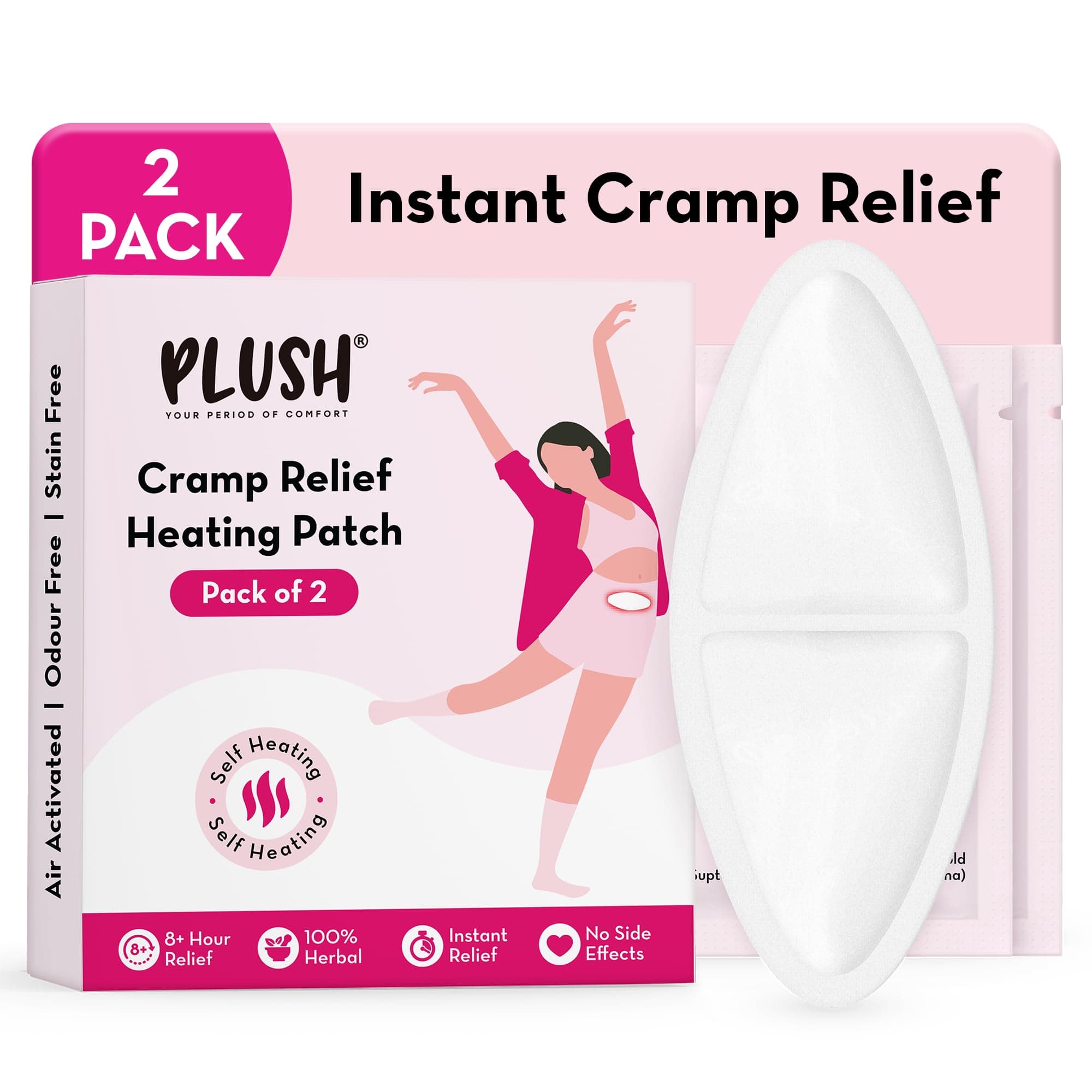 Plush 8+ Hour Instant Cramp Relief Heating Patch (Pack of 2) | 100% Herbal & Safe | Air Activated | No Side Effects