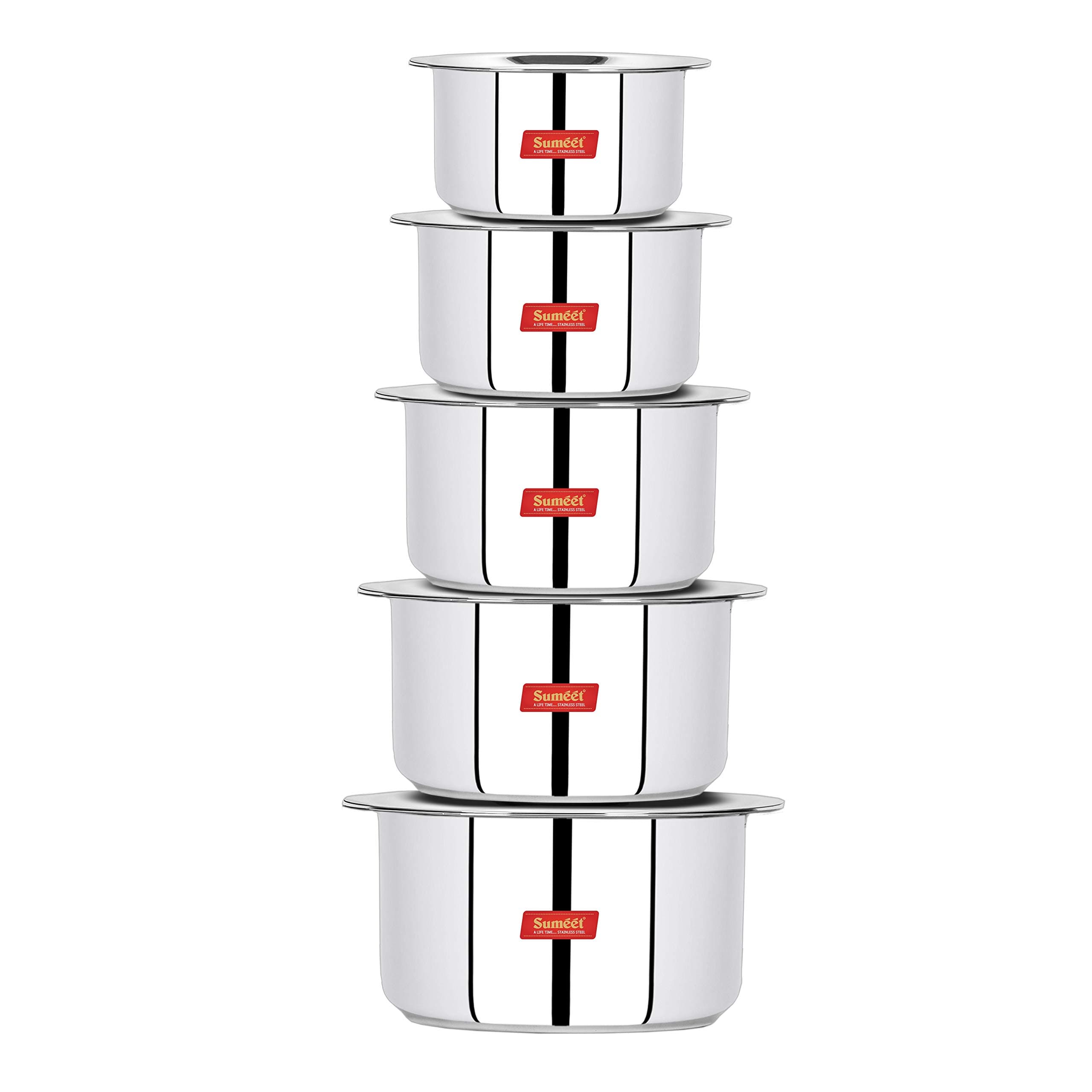 Sumeet Induction & Gas Stove Friendly Stainless Steel 5 Pcs Big Size Container Set/Tope/Cookware Set With Lids (1 Ltr To 3 Ltr), 10 Pcs Set, White