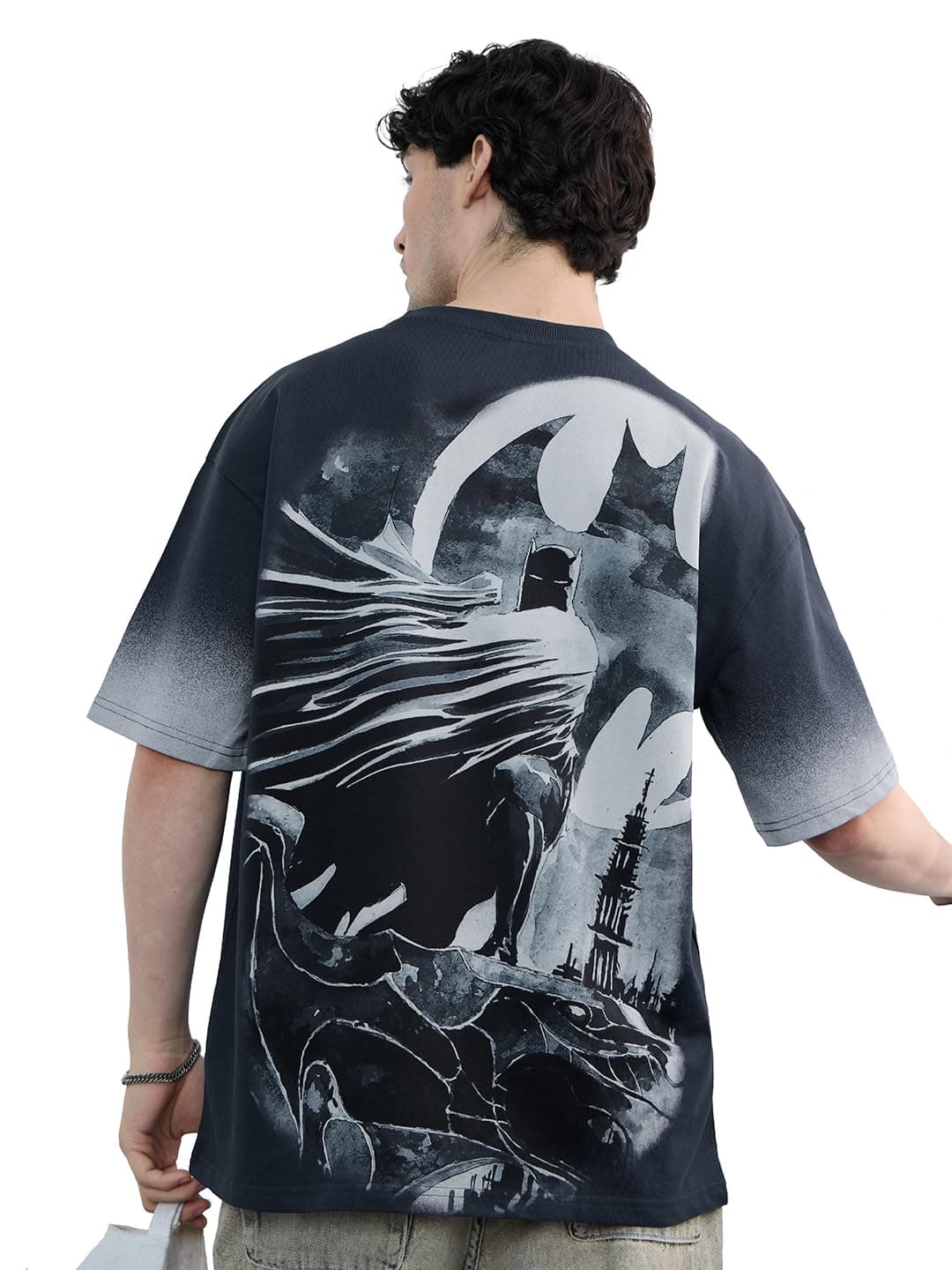 The Souled Store Official Batman: Caped Crusader Men and Boys Short Sleeves Round Neck Grey Graphic Printed Cotton Oversized T-Shirts
