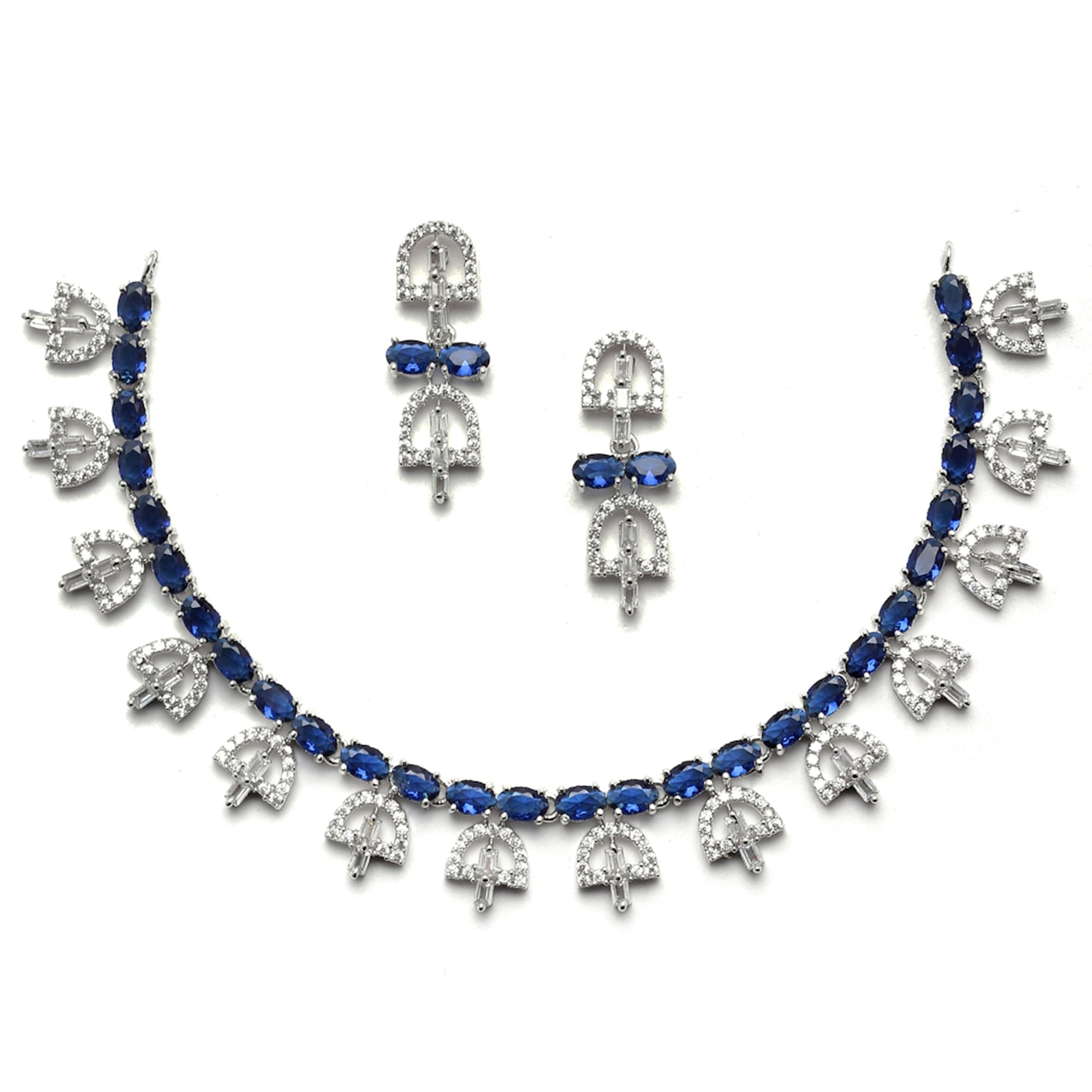 ZENEME Rhodium-Plated Silver Toned Rectangle Shaped American Diamond Studded Necklace with Earrings Jewellery Set for Girls and Women