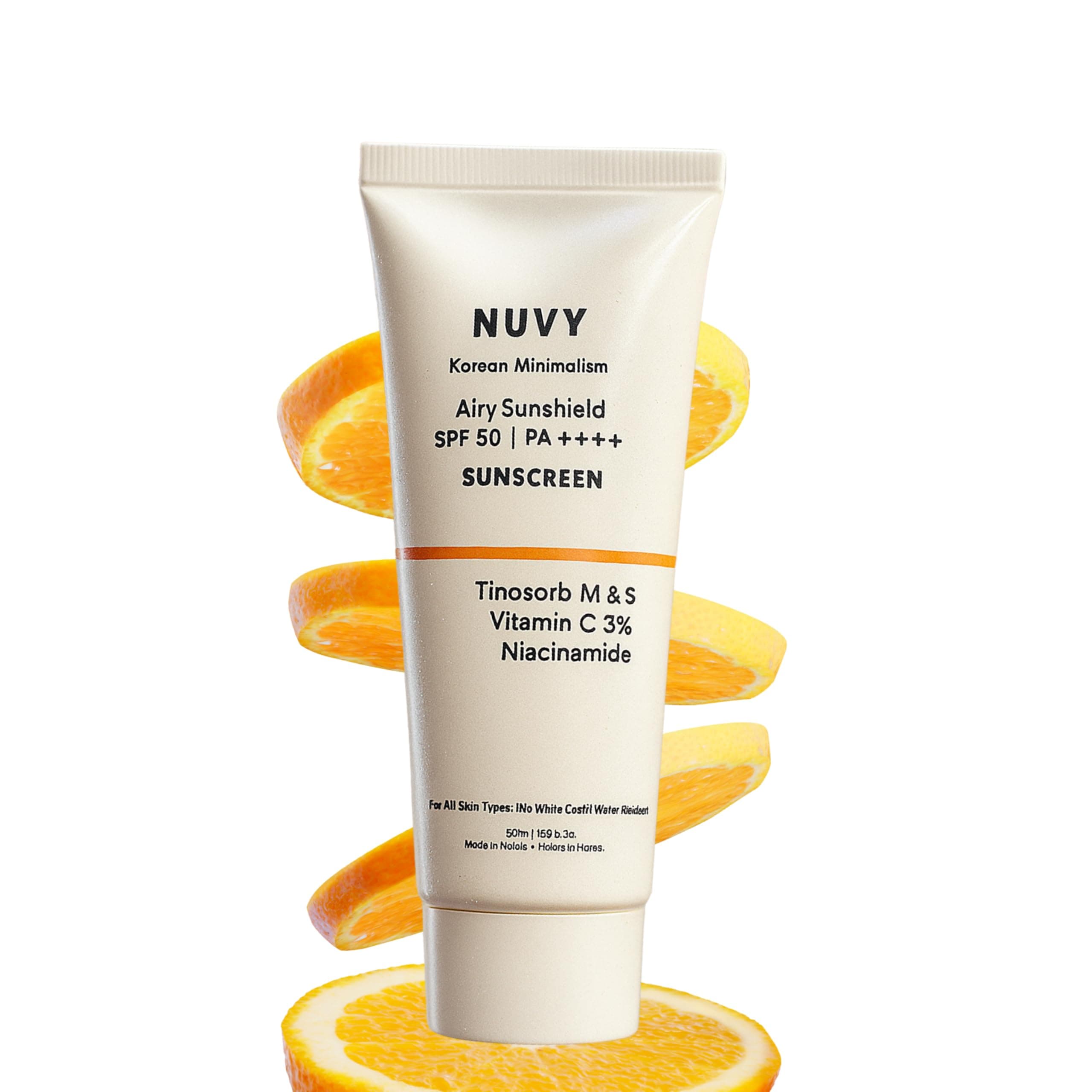 NUVY Airy Sunshield SPF 50 PA++++ Sunscreen | Vitamin C & Niacinamide for Brightening | Tinosorb UV Protection | No White Cast, Lightweight & Non-Greasy | Water-Resistant & Hydrating | Suitable for All Skin Types | For Men & Women | 50ml
