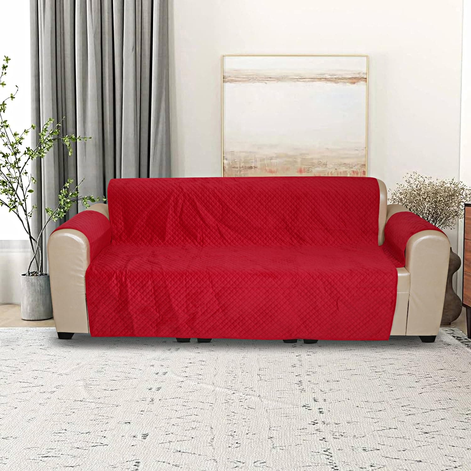 A.P HANDLOOM Velvet Quilted Universal Elastic Sofa Cover Non-Slip Sofa Protector 1 Seater Armchair Cover with Machine Washable Adjustable Elastic Straps