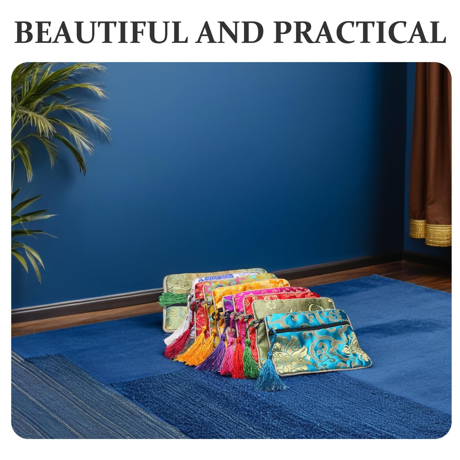 10pcs Embroidery Jewelry Pouch Chinese Style Jewelry Purse Money Coin Change Storage Bag Prayer Beads Bracelet Bag with Long Tassel (Mixed Color) 12x12cm