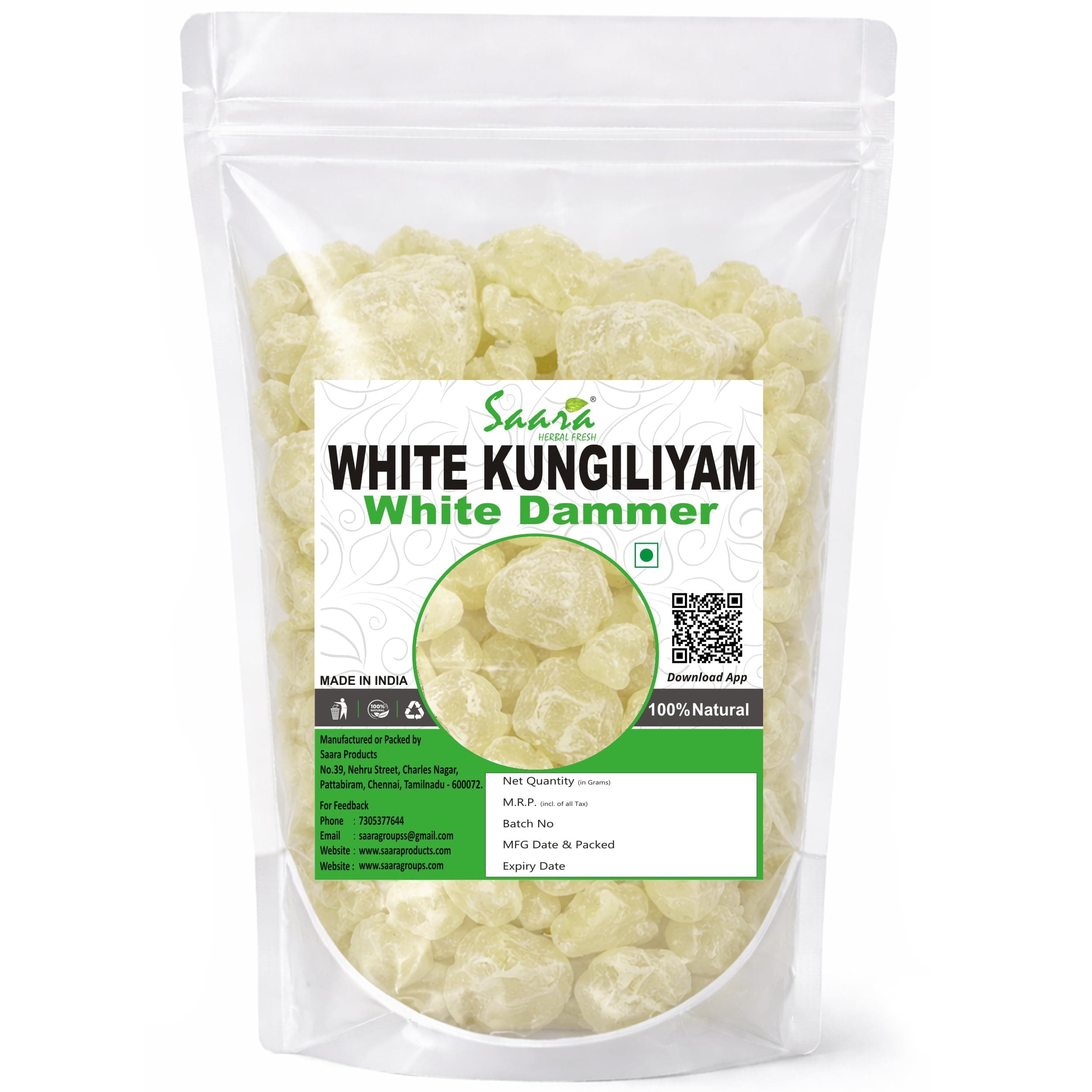 Saara HERBAL FRESH Kungiliyam 75g, White Kungiliyam | Venguliyam | Frankincense | Khada Dhoop | White Dammer Vennai | Vellai Kungiliyam (Pack of 1 X 75g)