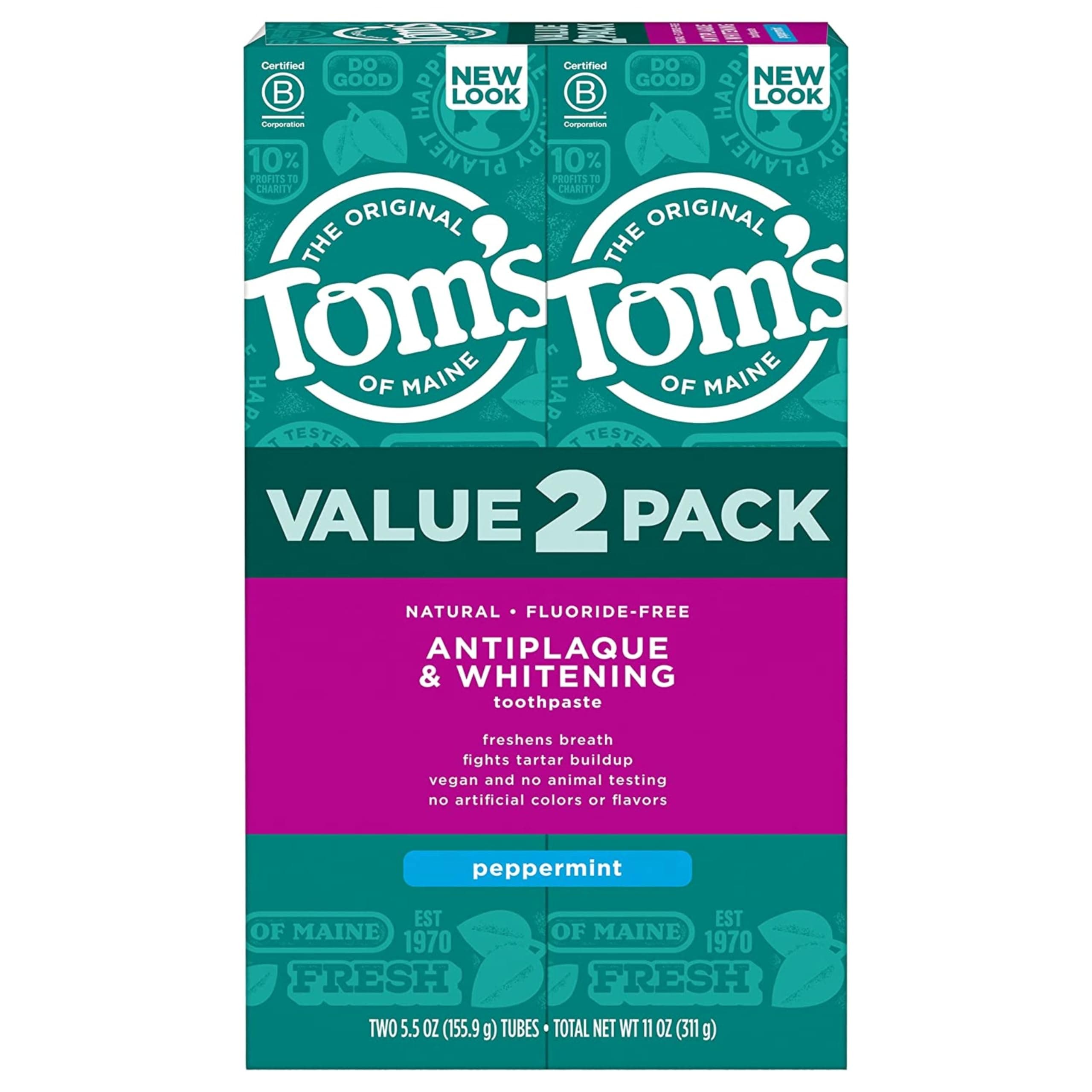 Tom's of Maine Antiplaque and Whitening Fluoride-Free Toothpaste, Peppermint, 5.5 Ounce, Pack of 2