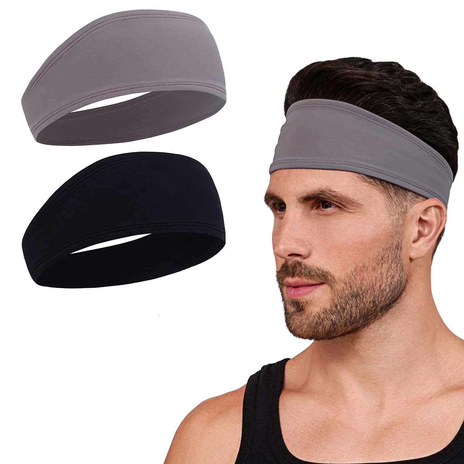 BISMAADH Unisex Stretchable and Moisture Wicking Head Sweatbands (Black and Grey)