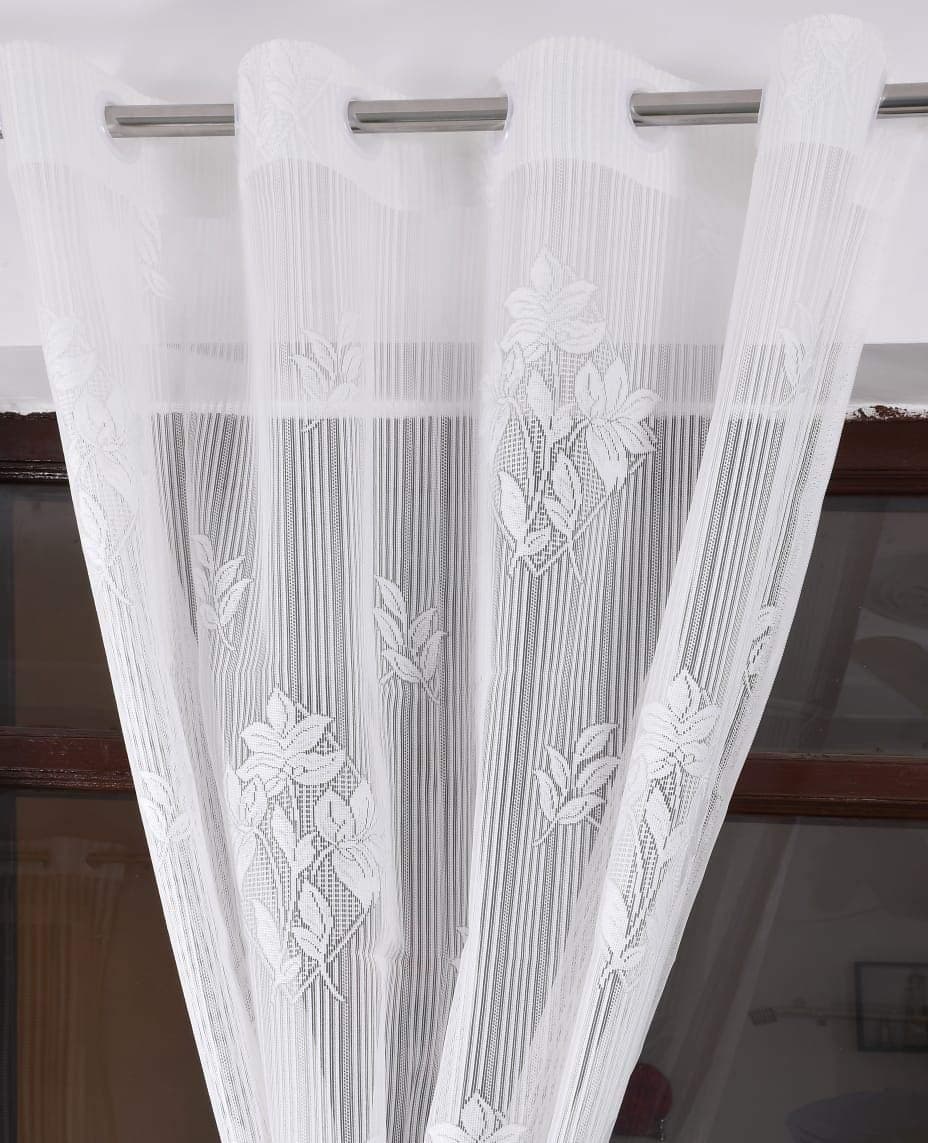 Mohit Home Furnishing Polyester Heavy Fancy Floral Net Tissue White Curtains Set of 2 Pecs for (4 x 5 Feet Window Curtains)