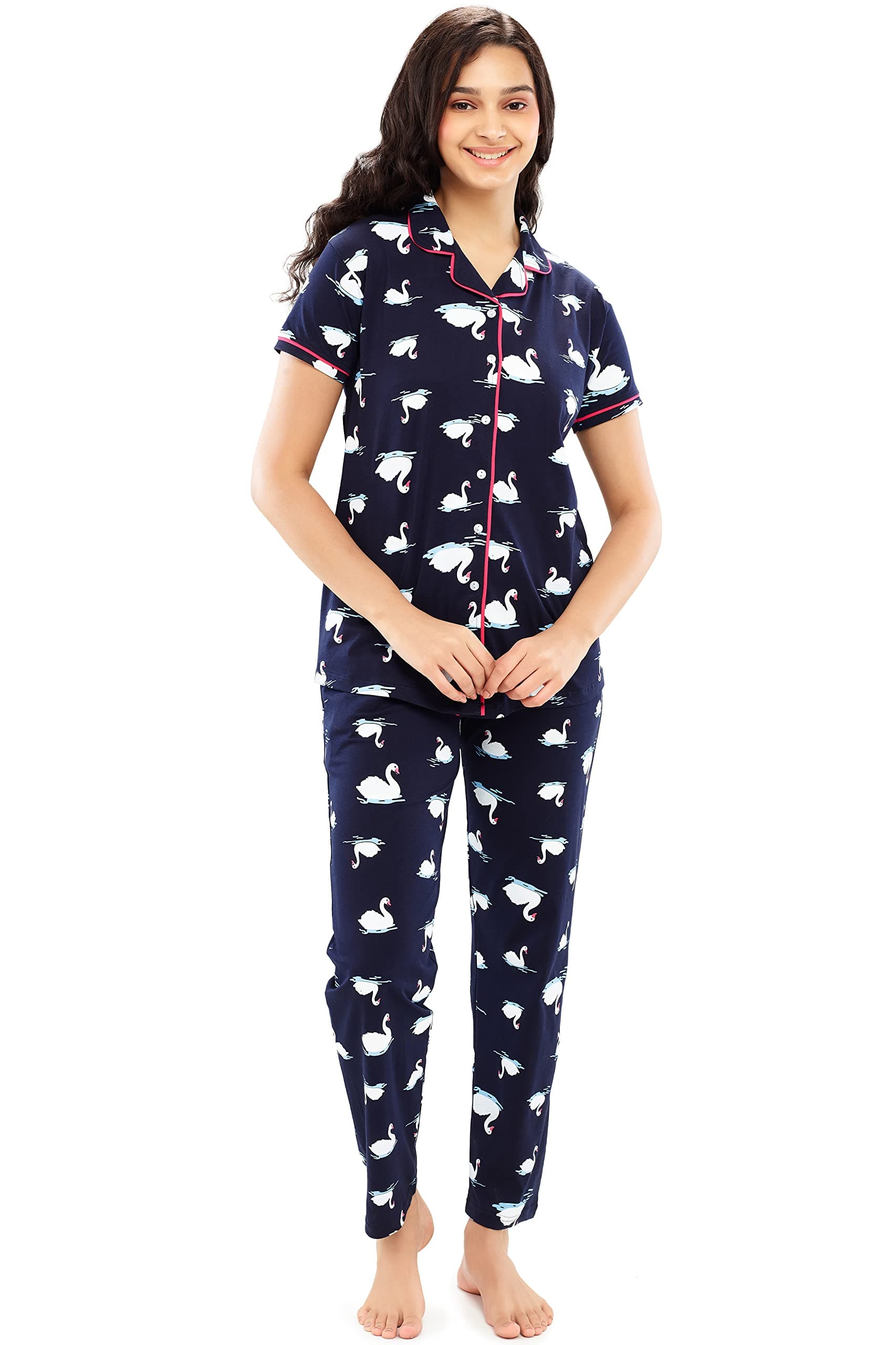 ZEYO Women's Cotton Swan Printed Stylish Night Suit Set Of Shirt & Pajama Set 5611