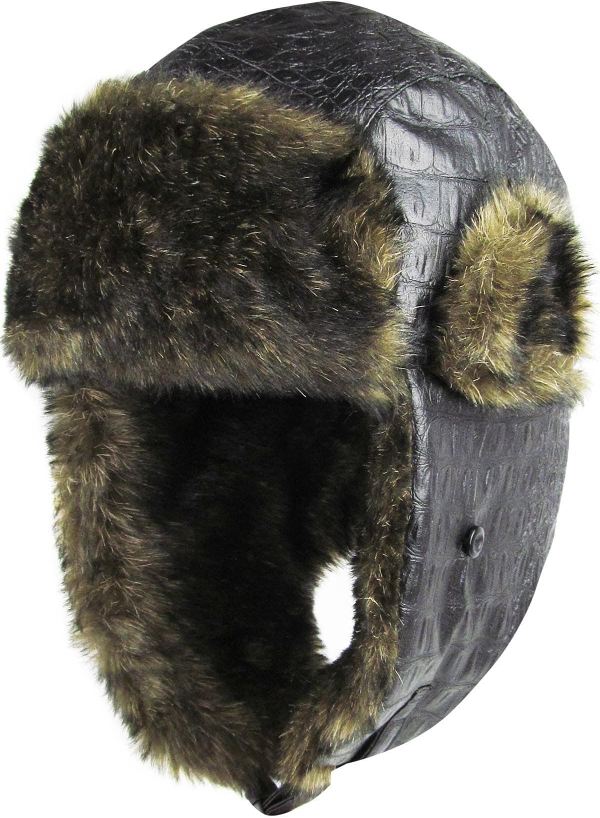 KBW-607 BLK PU Faux Leather Aviator Trooper Trapper Hat Winter Cap