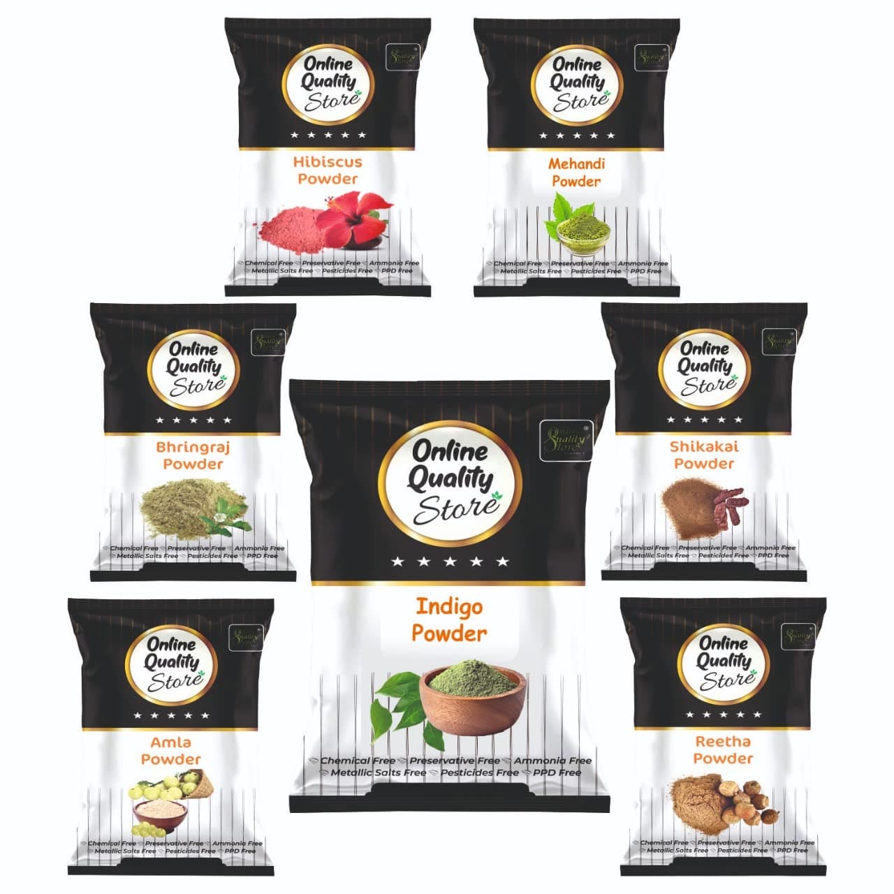 Online Quality Store Reetha (100g) + Amla (100g) + Shikakai (100g) + Bhringraj (100g) + Hibiscus (100g) + Mehandi (100g) + FREE Indigo (100g) Powder For Hairs, 700g