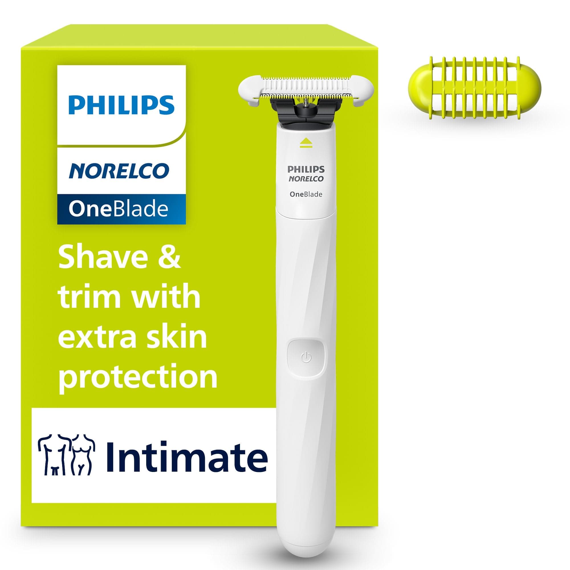 Philips OneBlade Intimate 2-in-1 Trimmer for Women | Painless Hair Removal with Patented Skin-Safe Tech | Bikini, Underarm & Body Trimmer | Sensitive Skin Tested | No post shave irritation | QP1924/20