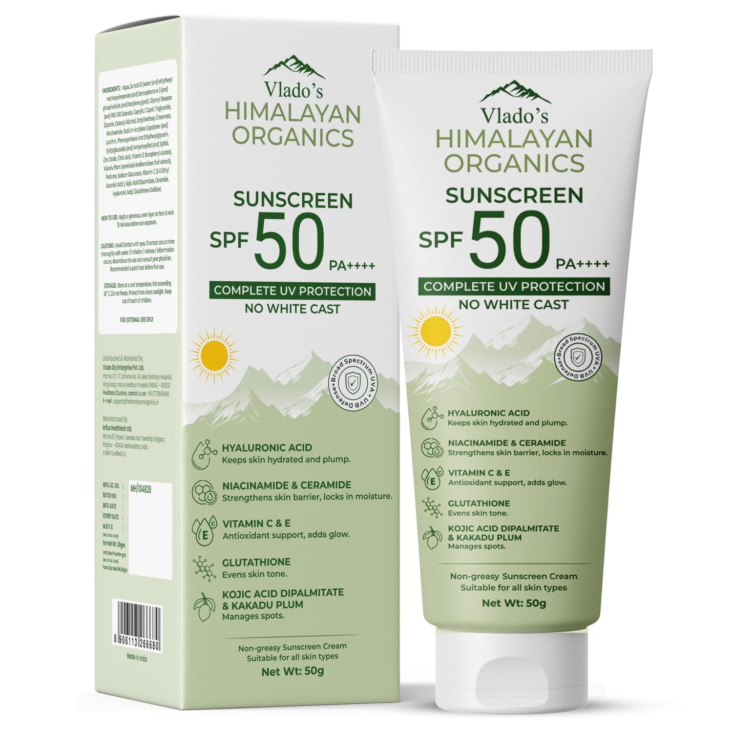 Vlado's Himalayan Organics Sunscreen SPF 50 PA+++ With Hyaluronic Acid, Niacinamide, Glutathione, Vitamin C & E, Kojic Acid, Kakadu Plum & Ceramide | No White Cast, Lightweight, 12H Long Lasting | For Oily, Dry, Sensitive & Combination Skin | Broad Spectrum UVA/UVB Protection | Men & Women