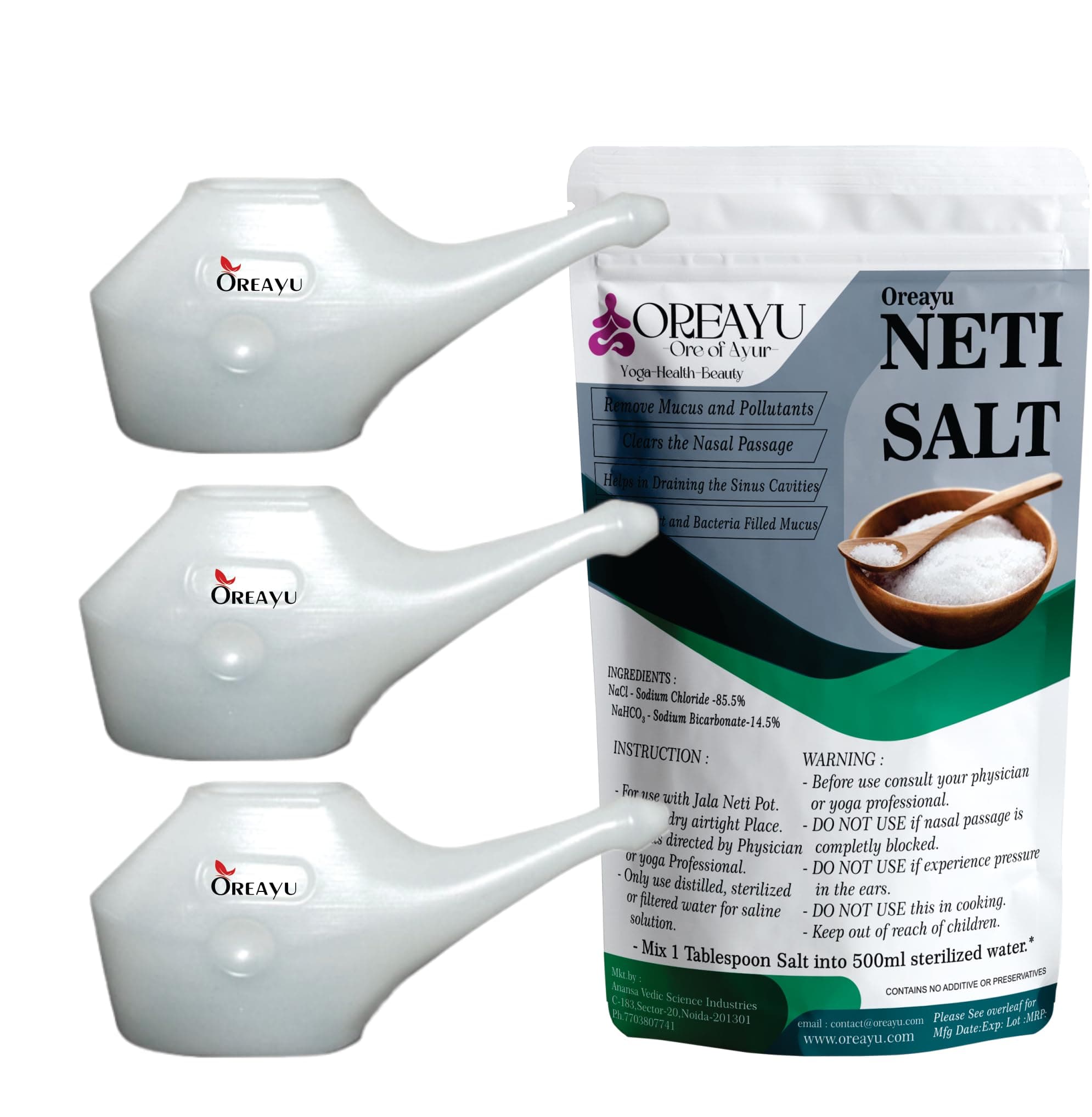OREAYU™ Durable Unbreakable Jal Neti Pot (3 Pcs) for Sinus Congestion With Neti Salt (200g))