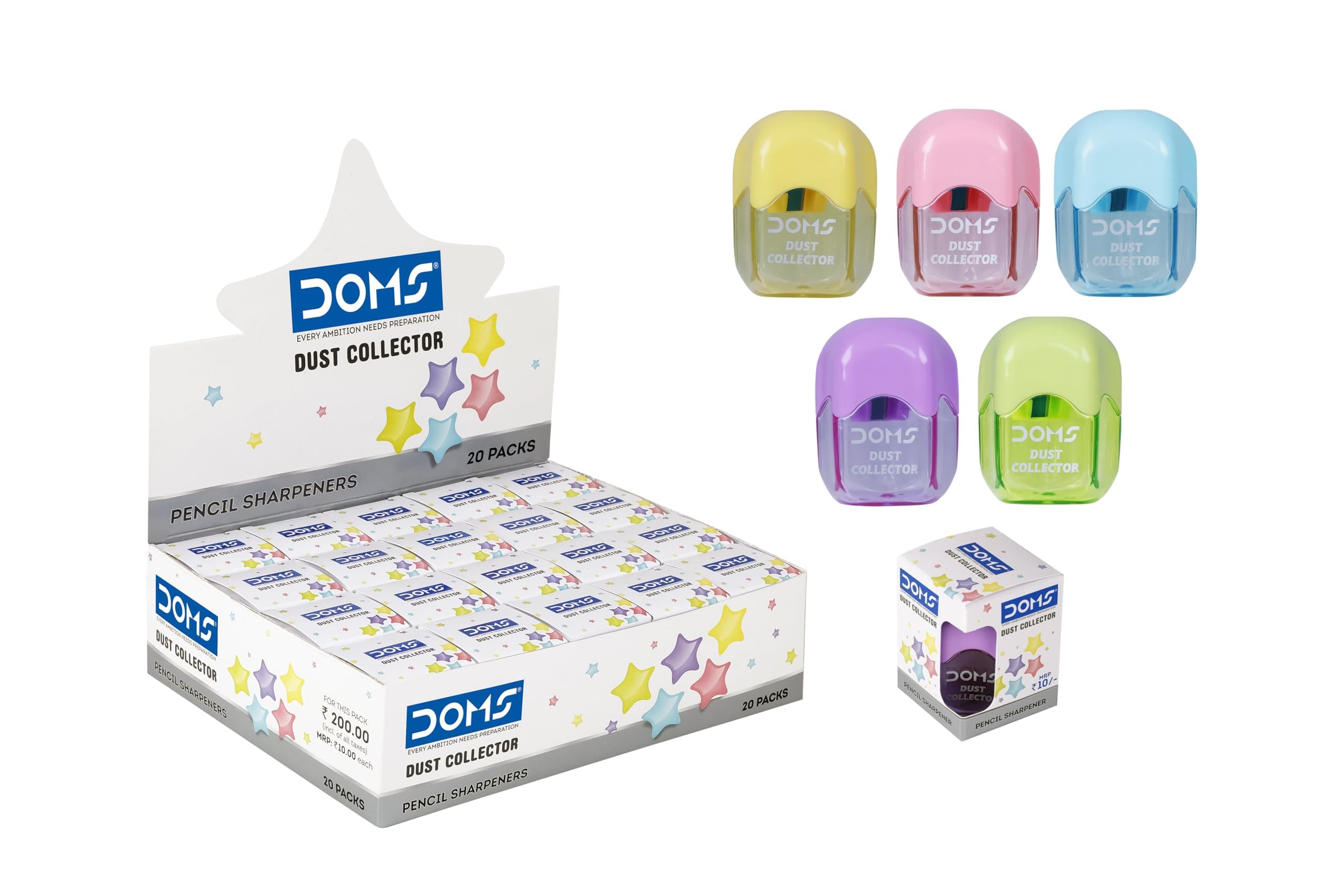DOMS Multicoloured Dust Collector Sharpener Blister Pack of 20