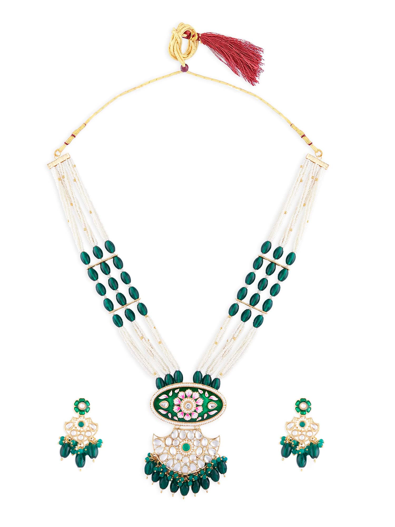 ZAVERI PEARLS Green Pink Meenakari Multistrand Beaded Long Kundan Necklace & Earring Set For Women-ZPFK15649