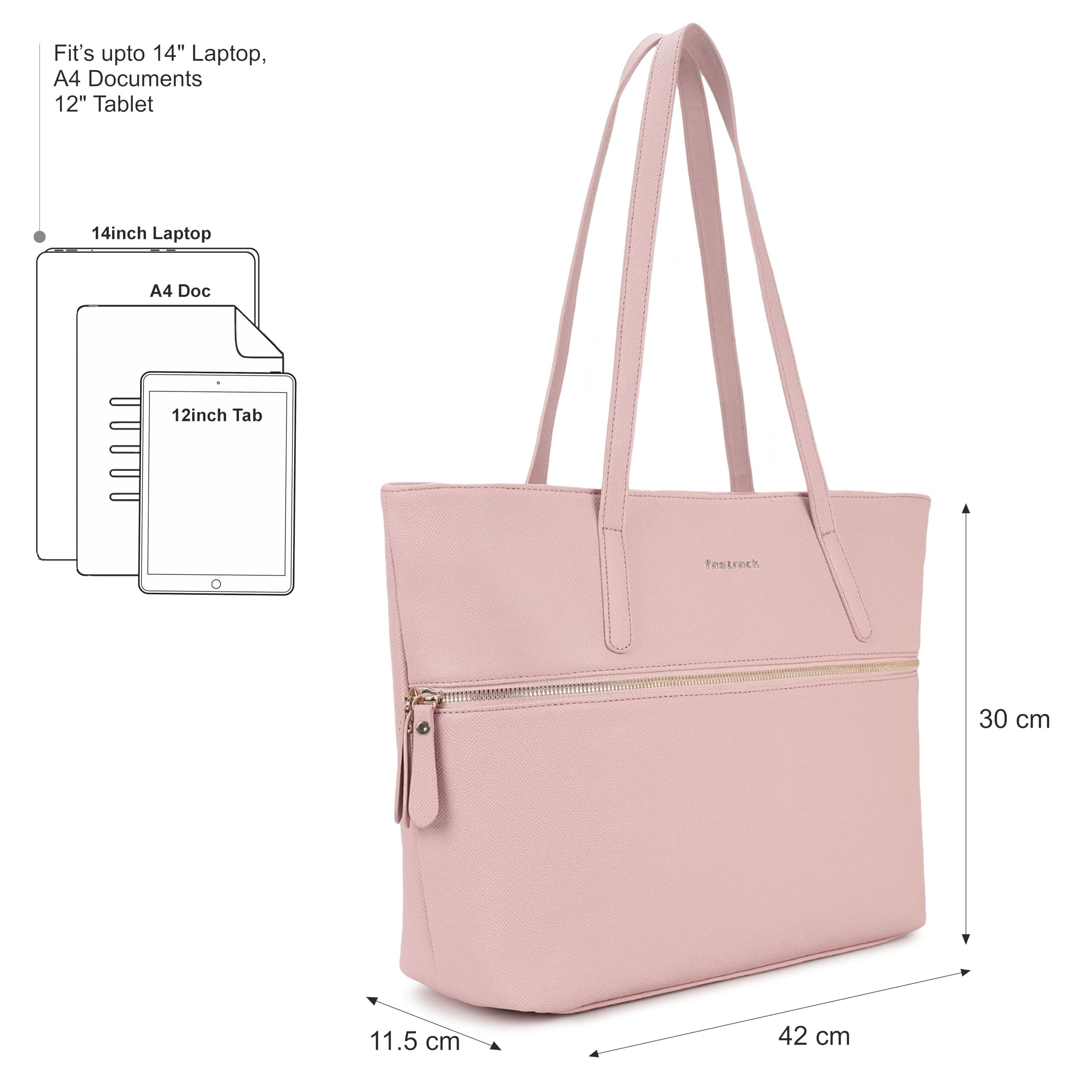 Fastrack Casual Laptop Tote Bag For Girls, Large Size With A Zipper Closure And Padded Laptop Compartment, Compatible With Laptops Up To 14 Inches, Double Handle Bag, Pink