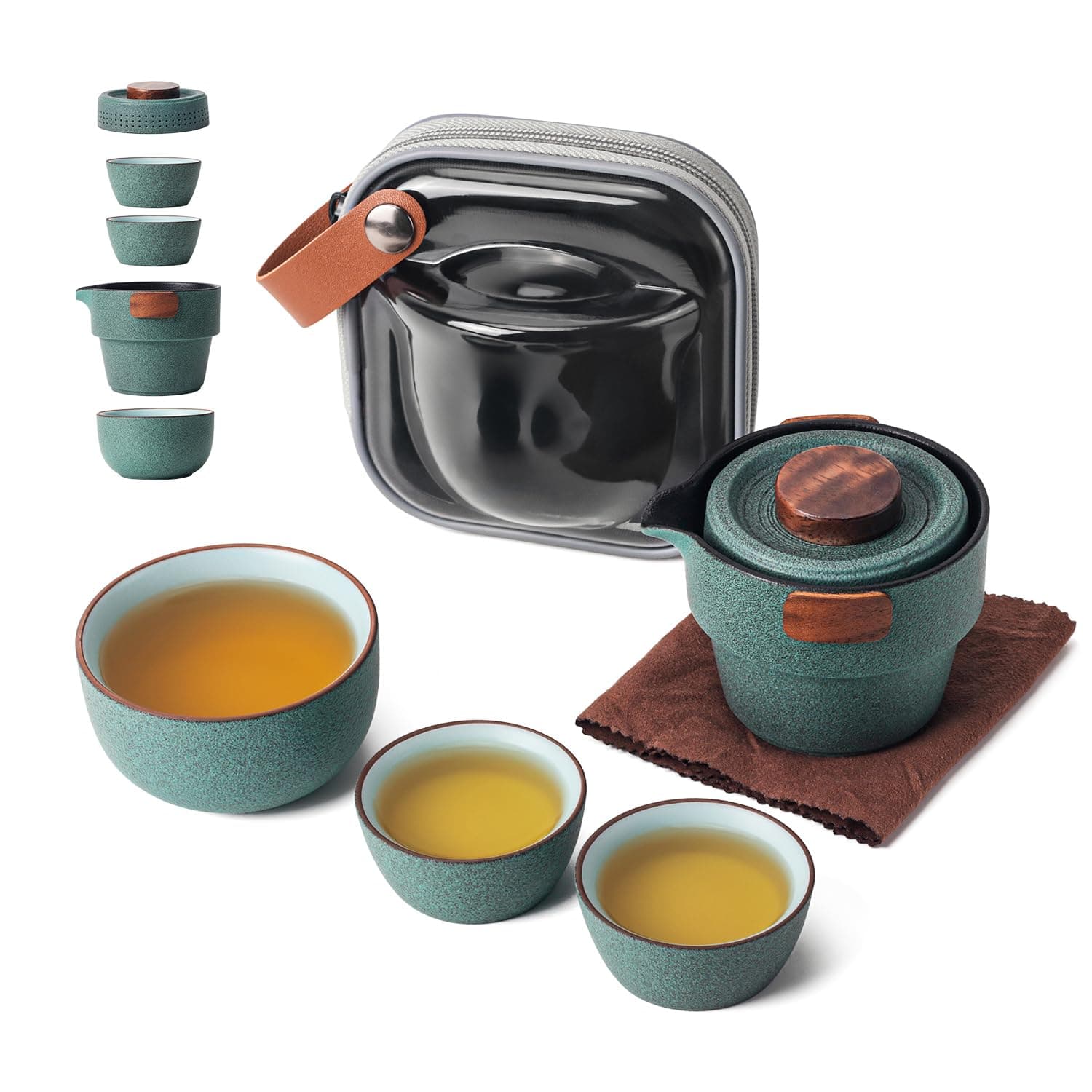 Breleidy Portable Teapot Set, Portable Kung Fu Tea Set Mini Traveling Chinese Ceramic Teapot with 3 Cups All in One Travel Bag - Ideal for Travel Camping Picnic