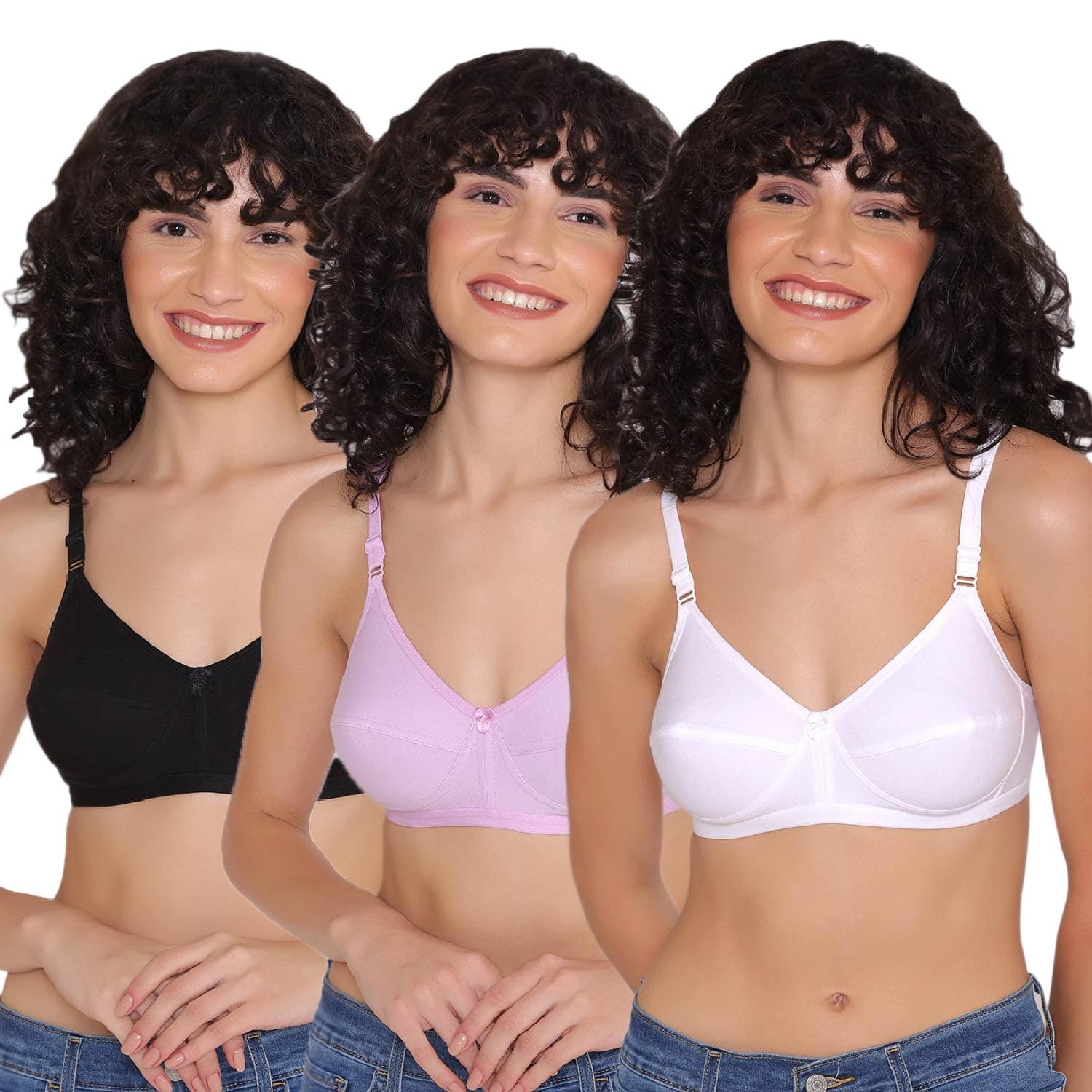 INKURV Cotton Hosiery Bra for Women’s Daily use, Full Coverage Bra for Regular wear, Non Padded, Non Wired Everyday Bra with Rich Cotton-Zoe Combo of 3 (Lavender_Black_White_36B)