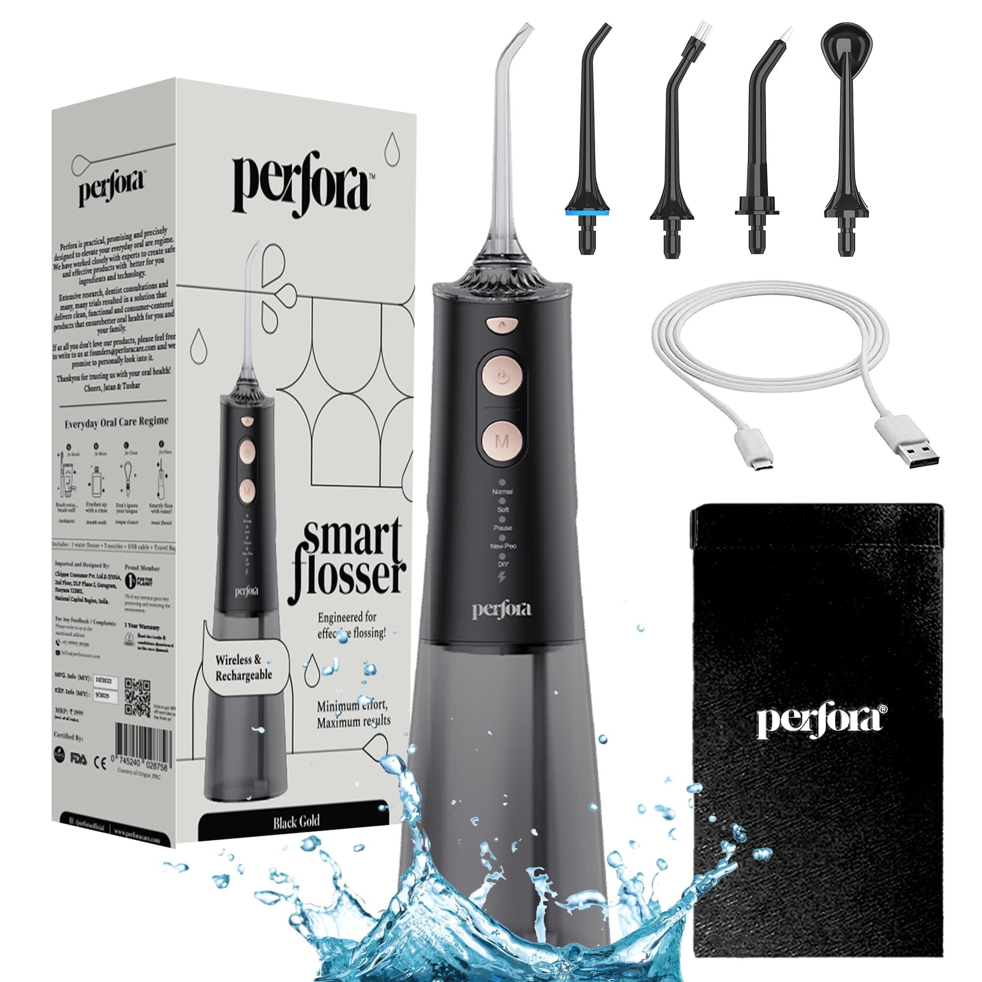 Perfora Smart Water Dental Flosser - 300ml | 2 Year Warranty | 5 Water Pressure Settings & 5 Nozzles, 1500mAh Battery | Rechargeable Dental Floss for Teeth Oral Care, IPX7 Waterproof (Black Gold)