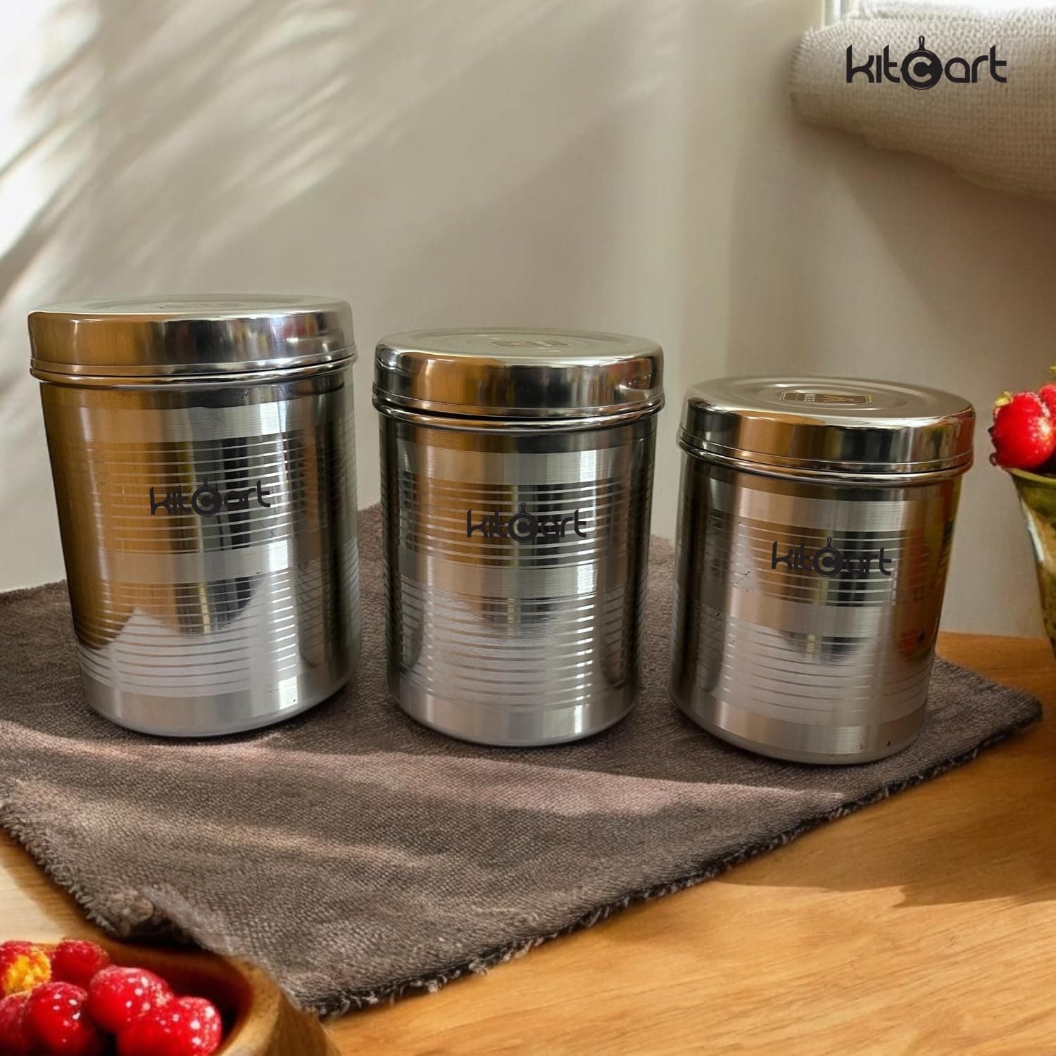 KITCART Stainless Steel Storage Canisters Set of 3 Dabba for Kitchen Storage, Container for Grains, Sugar, Rice (Silver 8kg, 9kg, 10kg)