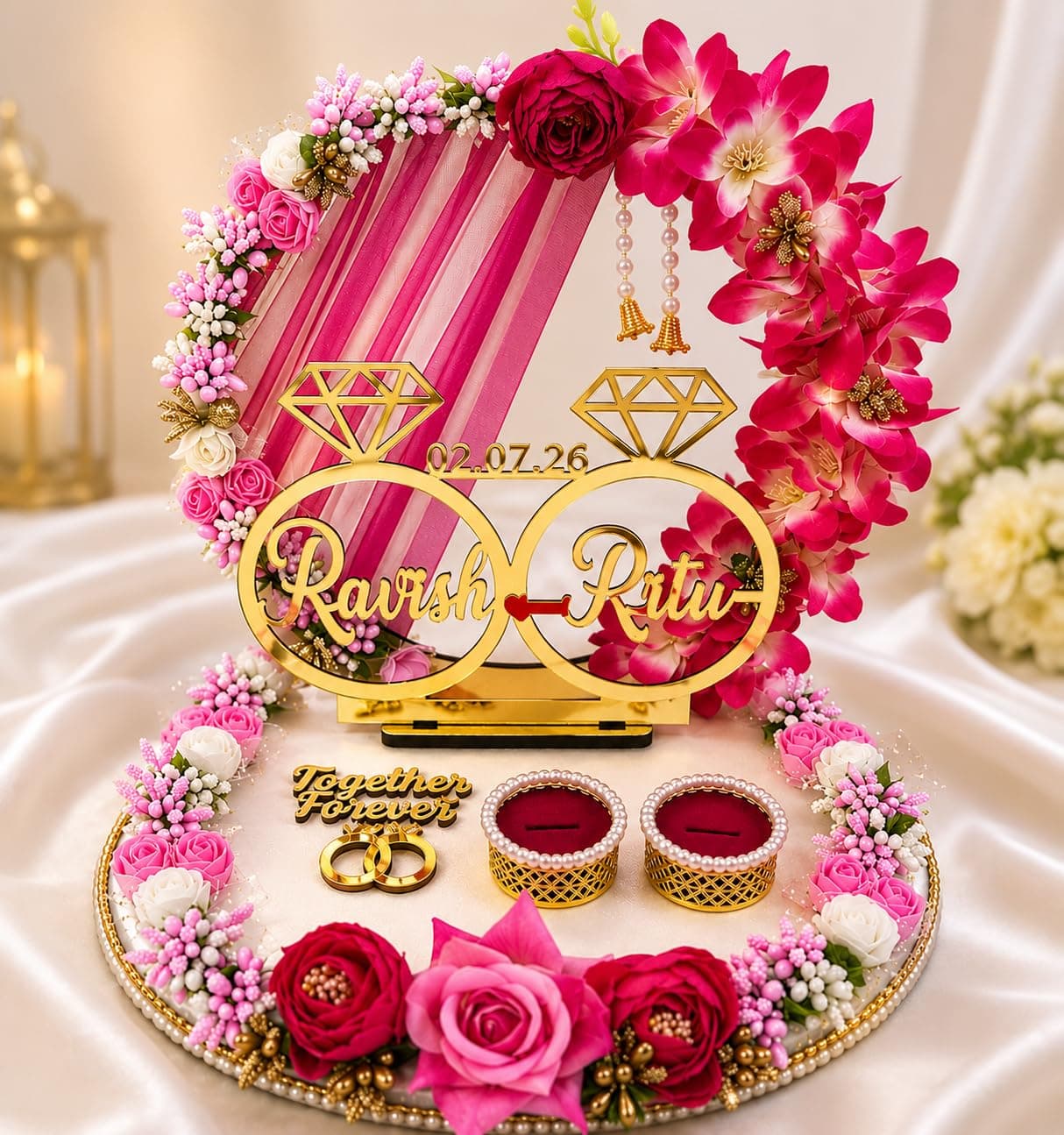 THE BRIDE MADE Wooden Engagement Ring Platter Tray | 2 Detachable Ring Boxes | Pink Theme | Personalized Name Customization Available | 10 x 10 x 10 Inch