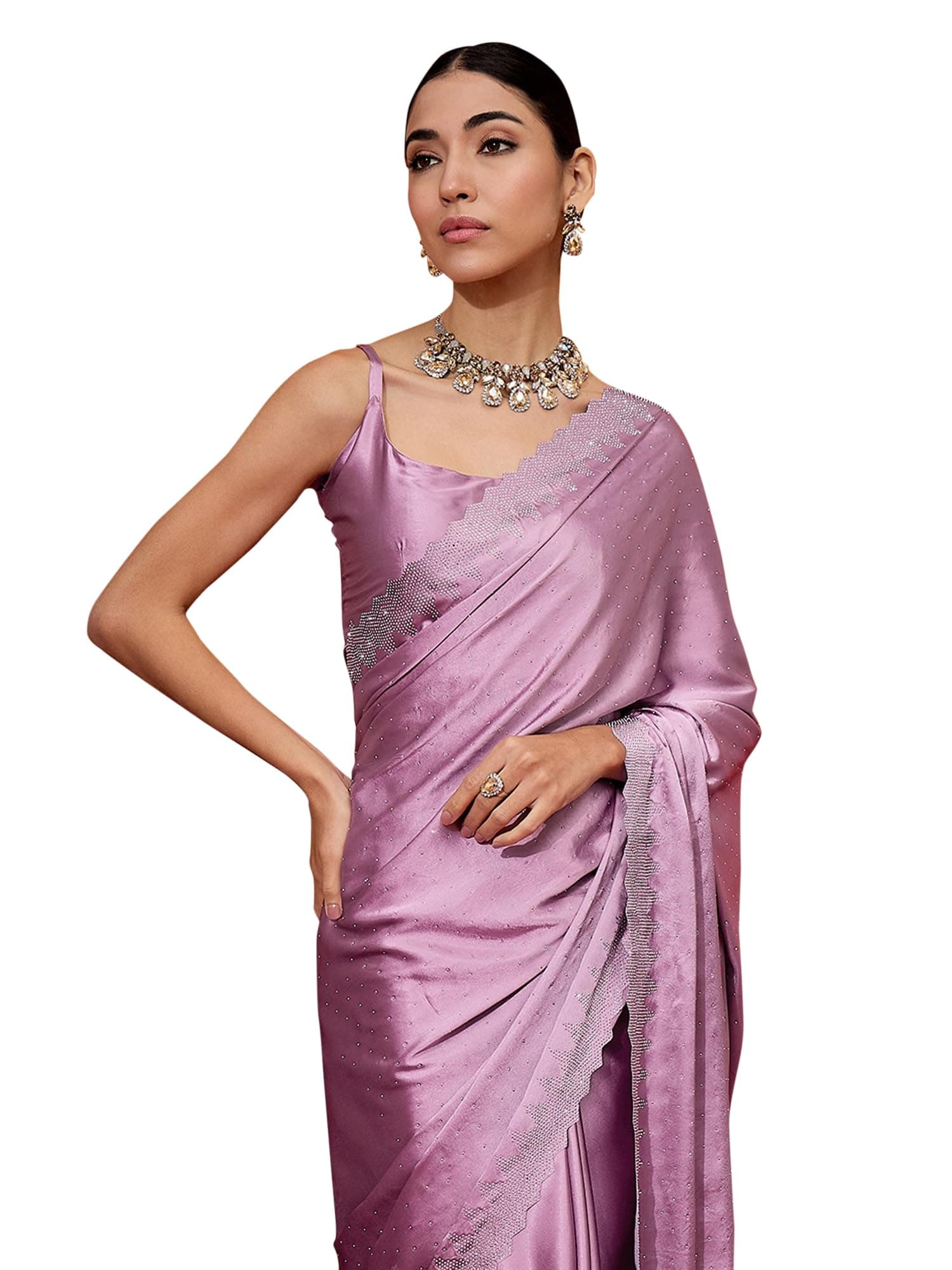 AKHILAM Women's Satin Silk Hot Fix Solid Saree With Unstitched Blouse Piece
