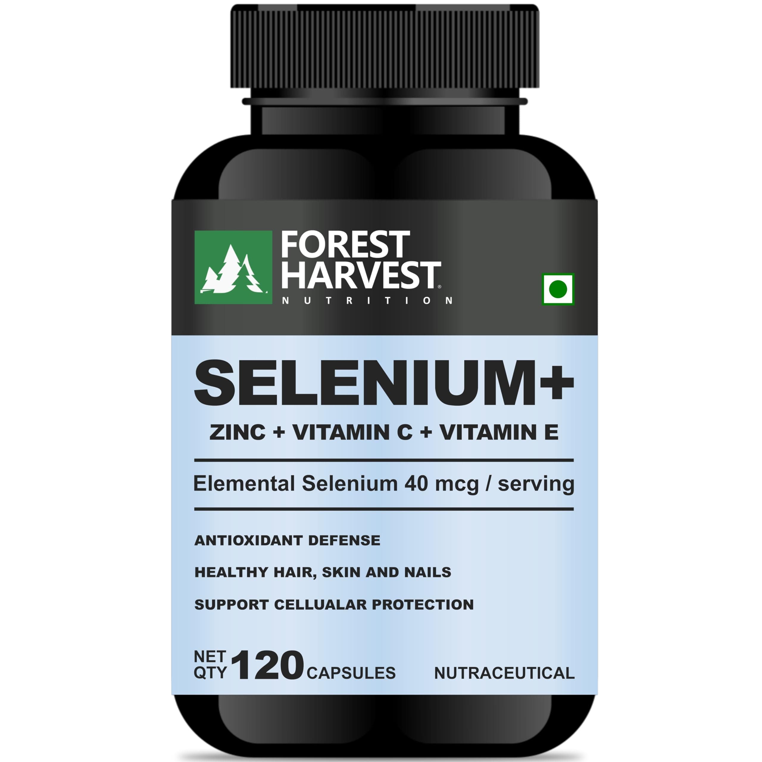 Forest Harvest Selenium with Zinc, Vitamin C & Vitamin E | 40mcg Elemental Selenium | 120 Capsules | Antioxidant, Immunity & Skin Health Support | WHO-GMP, HACCP, ISO Certified