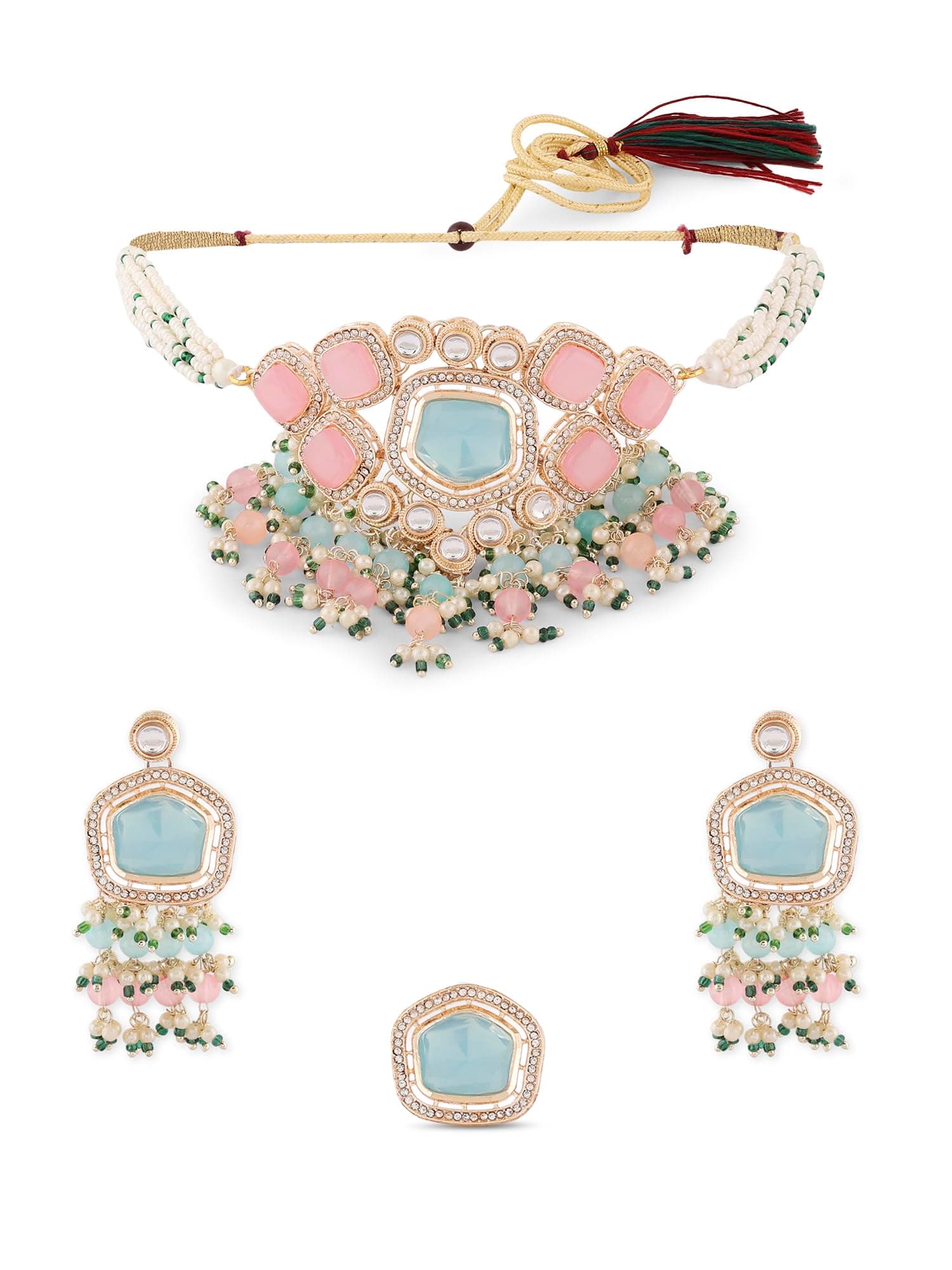 ZAVERI PEARLS Turquoise Blue & Pink Kundan Stones & Beads Choker Necklace Earring & Ring Set For Women-ZPFK16582