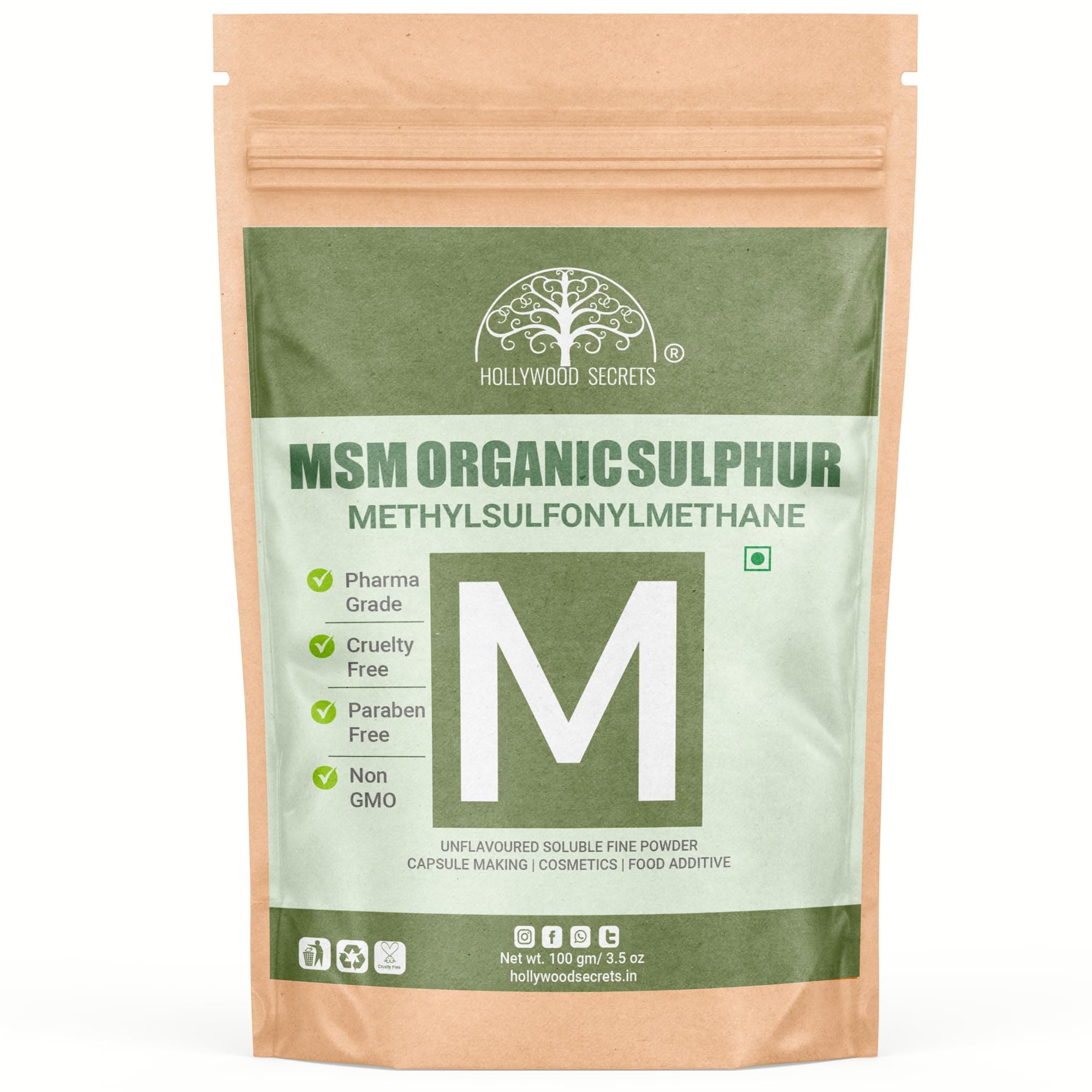 Hollywood Secrets Pure MSM Supplement Organic Sulfur Crystals Powder 100gm