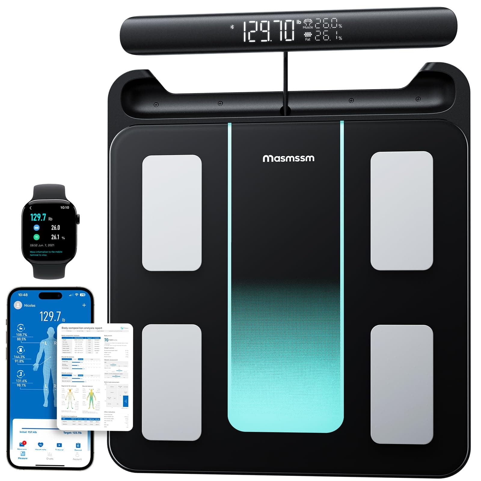 Masmssm Scale for Body Weight 8 Electrodes Digital Bathroom Scale with Handle Display & 28 Body Datas Dual Frequency BIA Measurement Smart Weight Scale Compatible with iOS & Android
