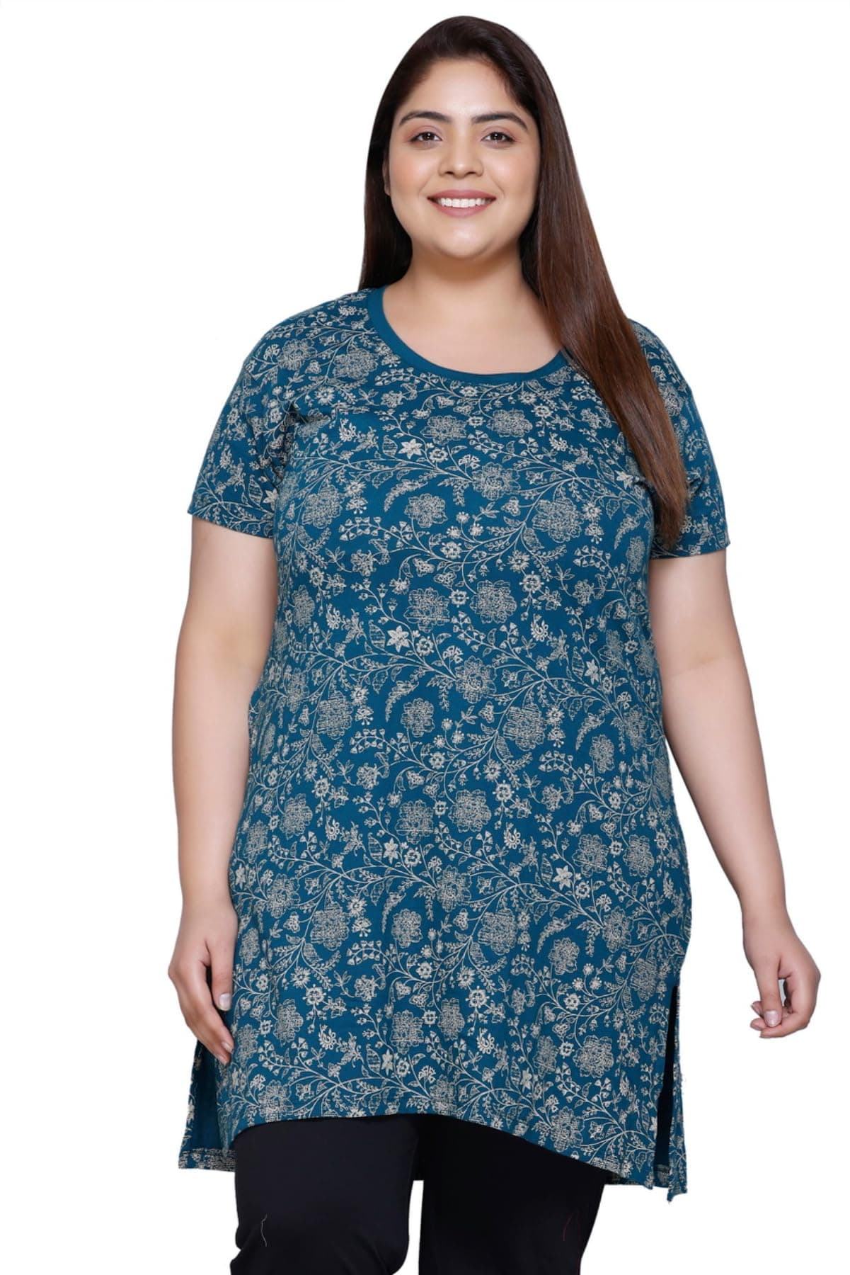 RYSH Women's All-Over Printed Cotton Plus Size Longline T-Shirt Half Sleeve with Pockets Turquoise Pistachio 3XL