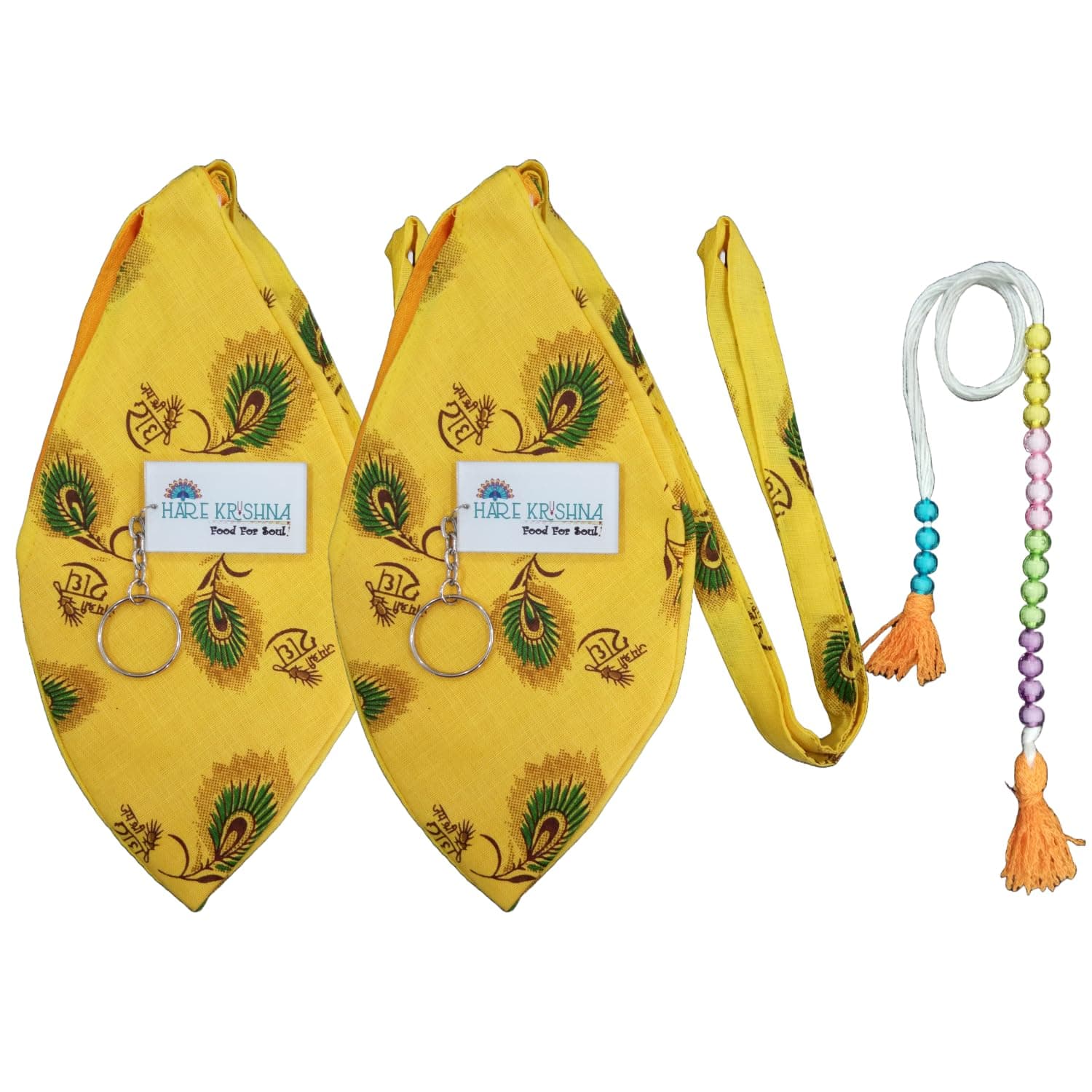 Hare Krishna Food For Soul Yellow Sri Radhe Printed Bead Bag for Chanting | Gomukhi Japa Mala Bag | Jaap Mala Bag with Sakshi Mala & Keychain | Cotton Chanting Bag | Spiritual Bead Bag (Pack of 2)