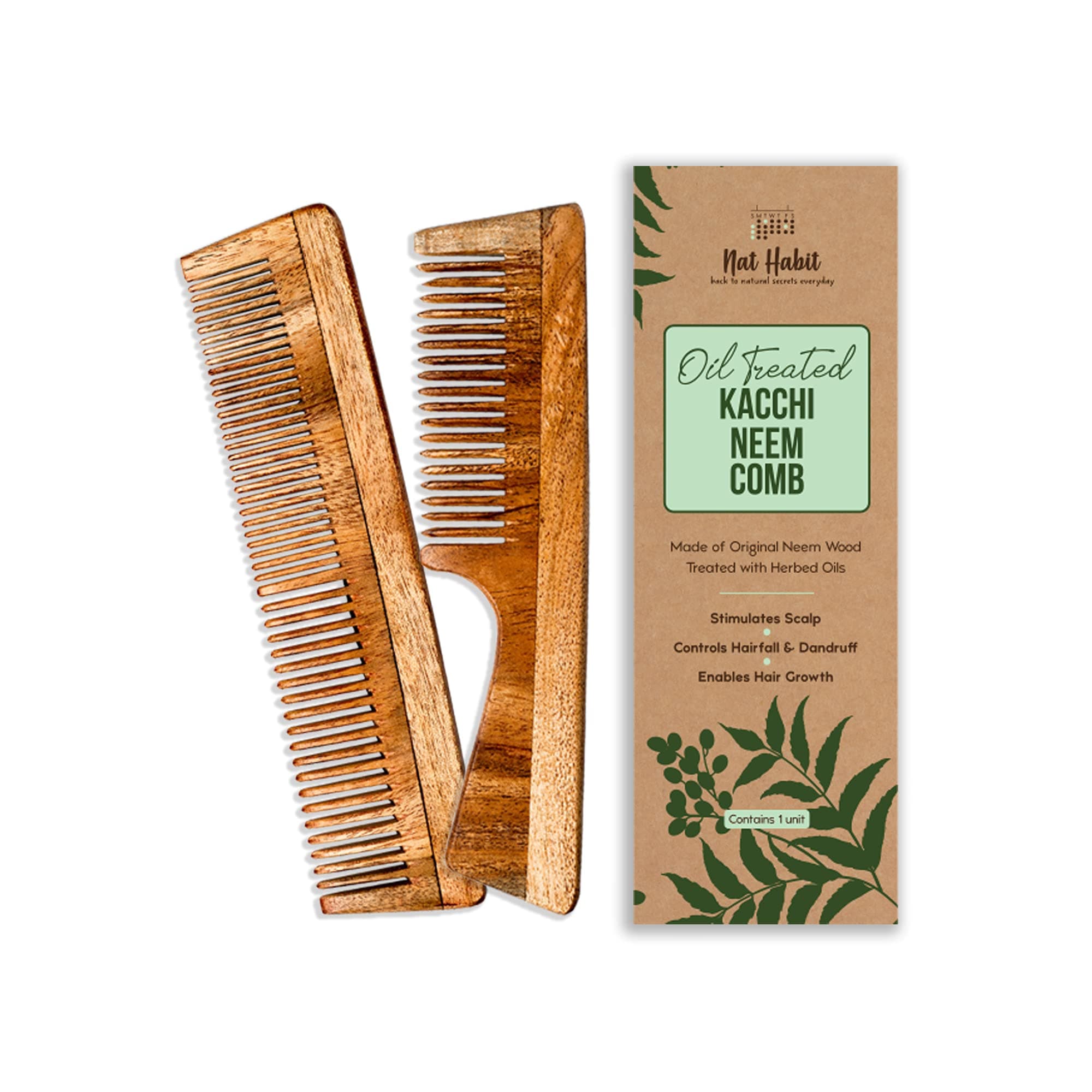 Nat Habit Kacchi Neem Wooden Comb, Soaked In 13 Herbs Neem, Seasame Oil For Multi-Actions Detangling, Frizz Control & Shine (Dual Tooth & Fine Tooth) Combo Pack of 2