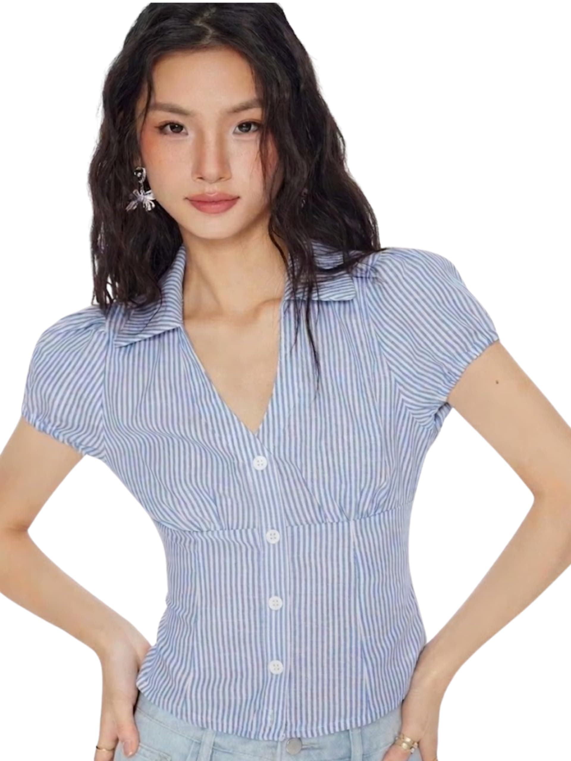 EZLIA Women V-Neck Puff Sleeve Crop Top with Back Tie-Up Detail (in, Alpha, XL, Regular, Striped_Blue)