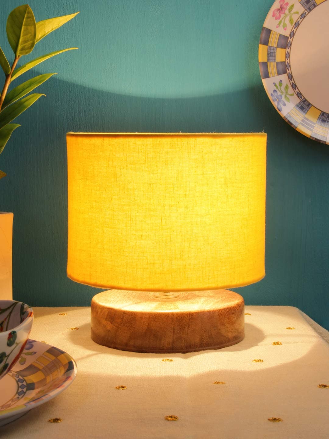 AMDHOME Yellow Cotton Shade Table Lamp with Wood Base - Height 7 Inches | Warm Ambient Light for Living Room, Bedroom, Home Decor, Study Lampshade