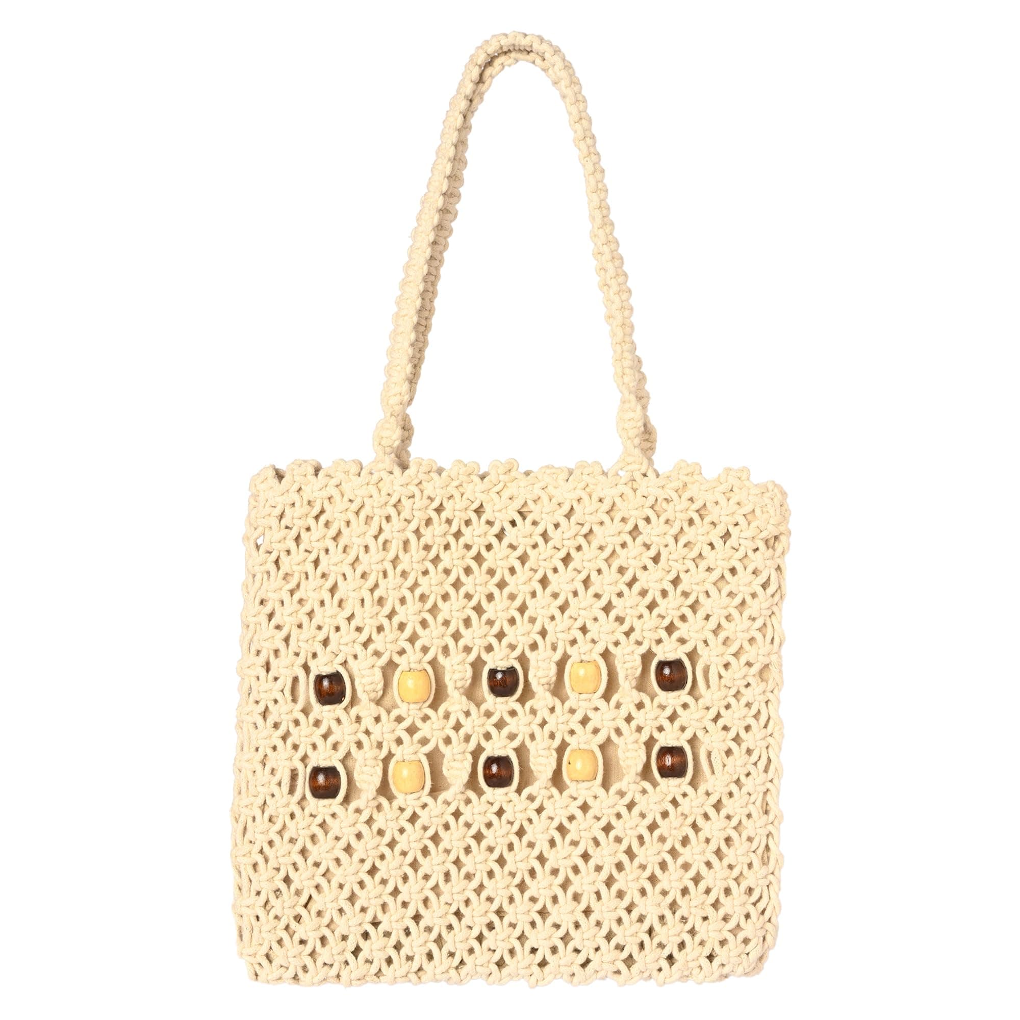 LOVE N BEYOND JULIA Macrame Women Girl Handmade Cotton Boho Crochet Beaded Large White Beach Bag Fashion Gift (Size 11”x 12” inches// 27.94 cmx 30.48 cms).
