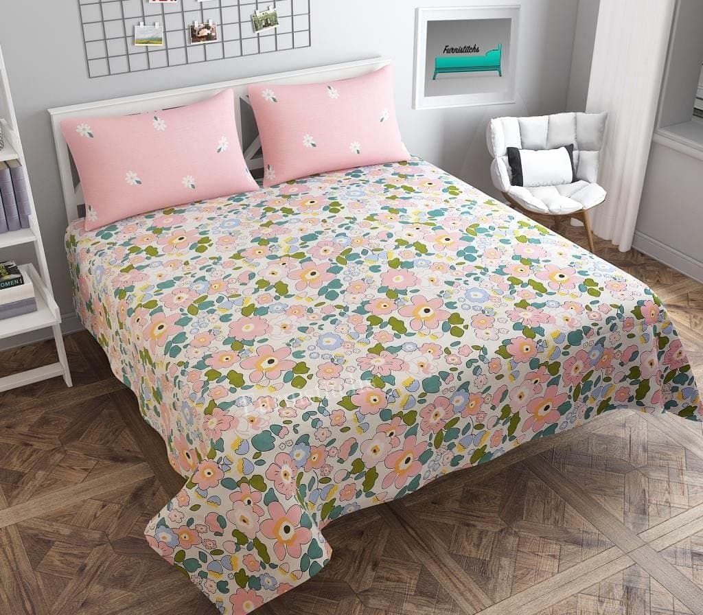 Furnistitchs Premium Glace Cotton Double Super King Size Bedsheet with 2 Pillow Covers 108" x 108", (Pink Beautiful)