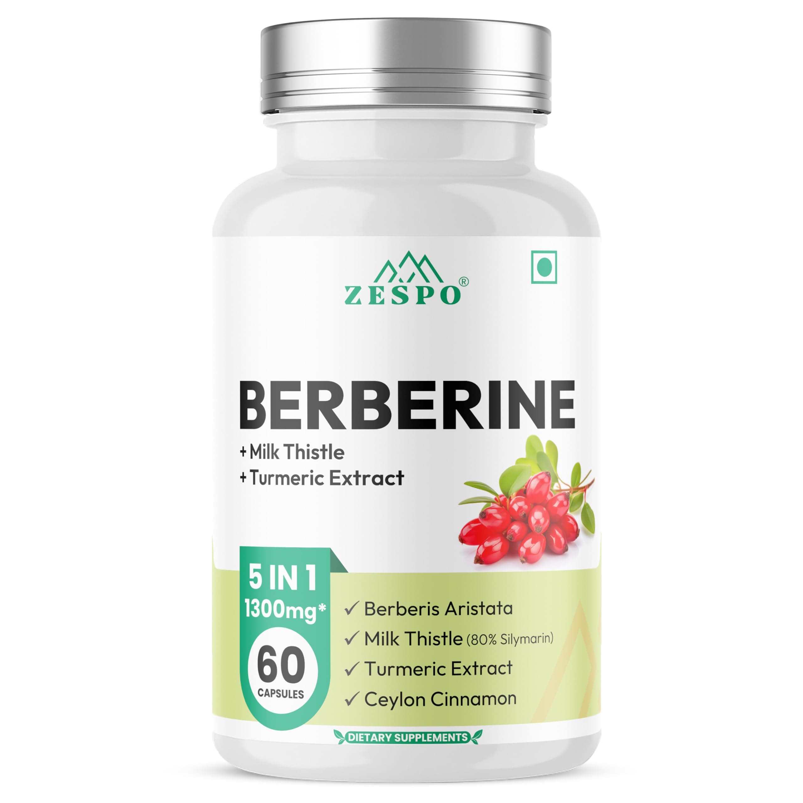 Zespo Berberine 1300mg HCL with Milk Thistle & Turmeric – 5‑in‑1 Vegan Capsules for Digestion, Liver & Metabolism Support – 60 Count