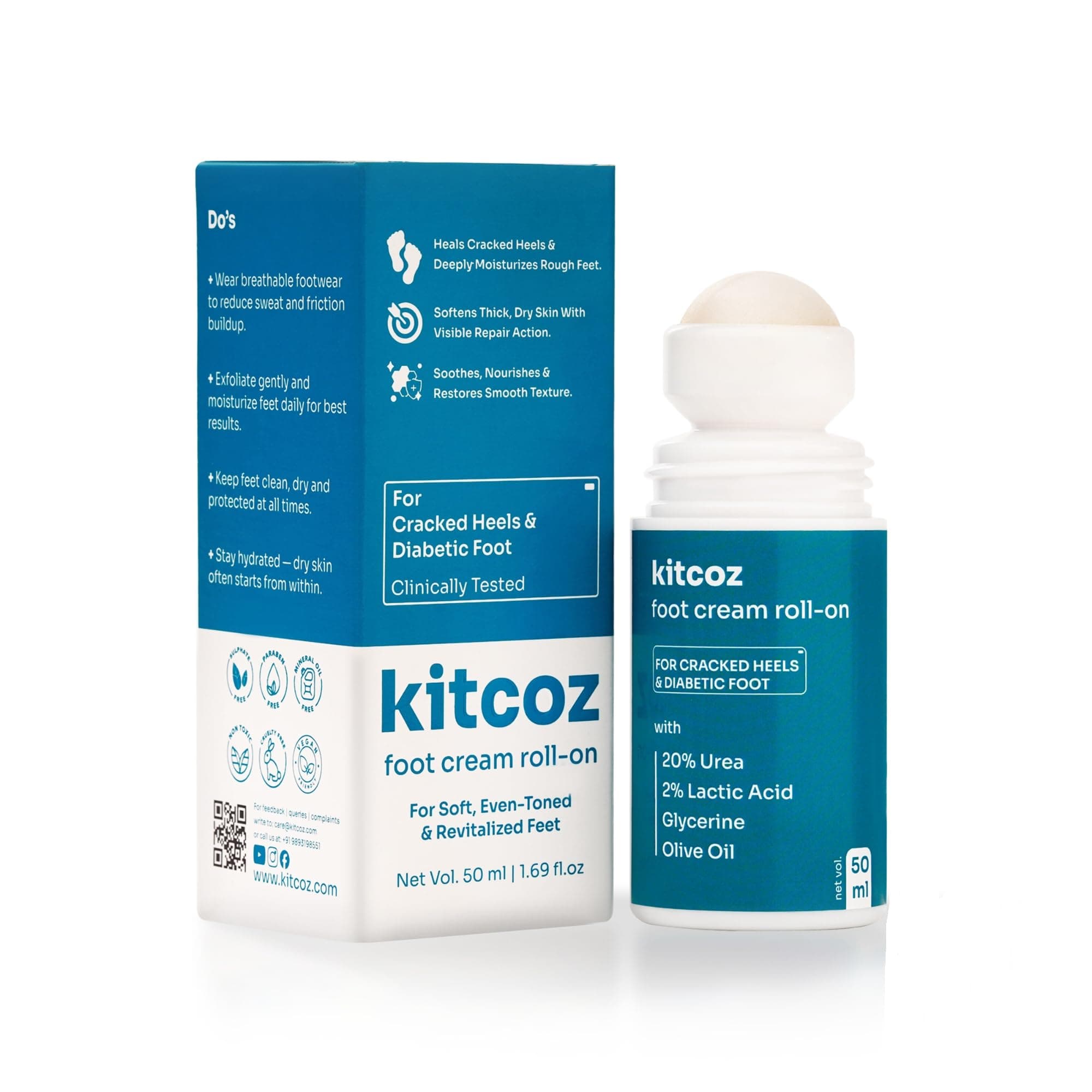 Kitcoz 20% Urea Foot Cream Roll-On for Cracked Heels & Dry Feet, 50ml