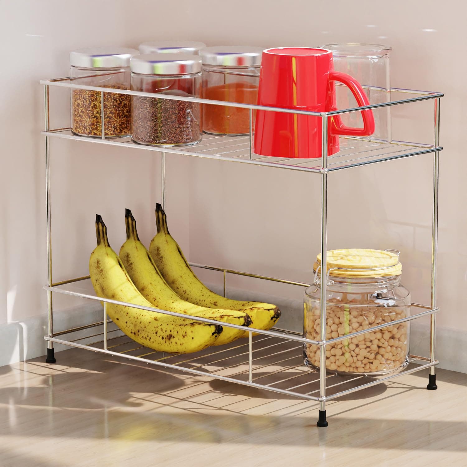 WonderStand Iron 2-Tier Standing Spice Rack Storage Organizer with Nail Hook Slot, Countertop Storage Shelf Organizer for Home and Kitchen