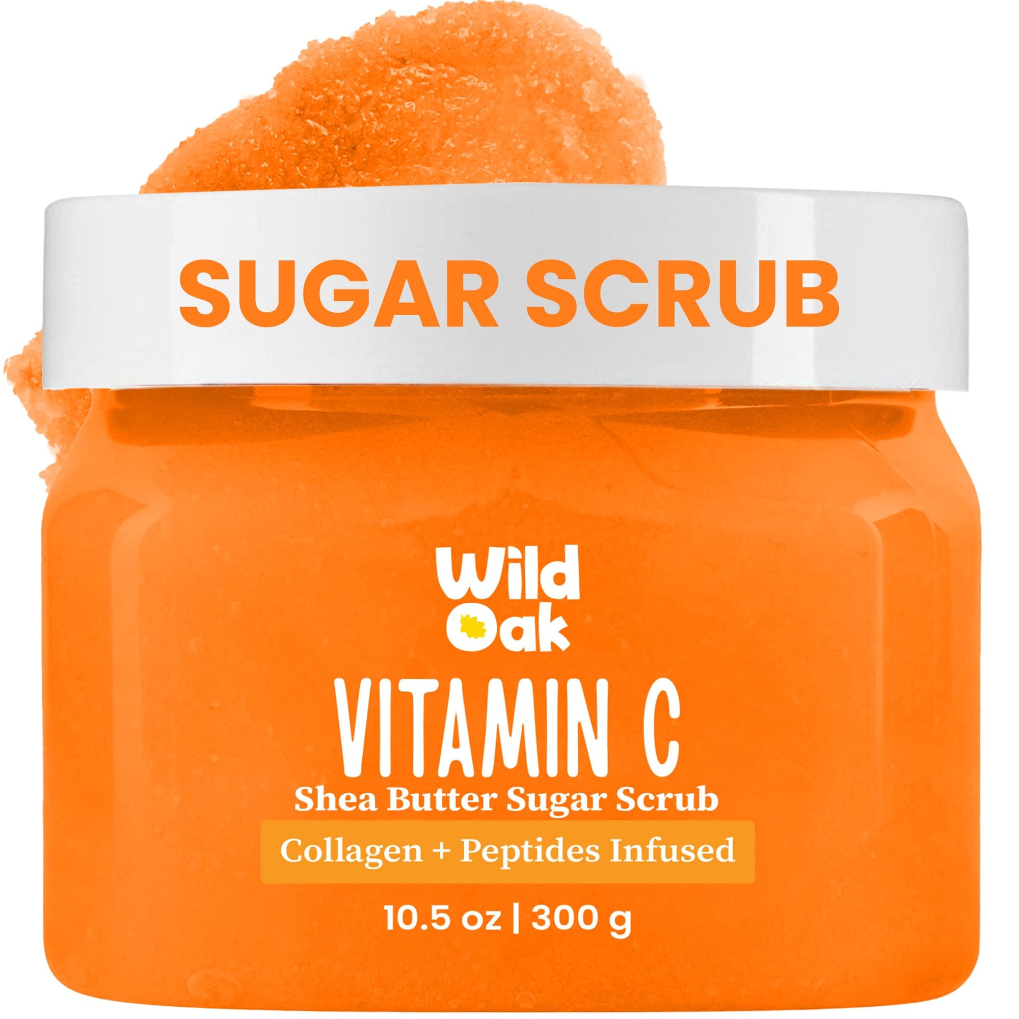 WildOak Vitamin C Sugar Body Scrub | 300g | Kojic Acid, Hyaluronic Acid, Ceramides, Collagen & Peptides | De-Tan & Brightens Dark Areas | Smooths Strawberry Legs & Arms | Hydrates & Exfoliates