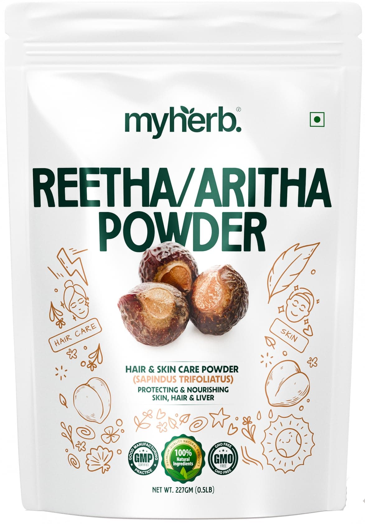MYHERB Natural 100% Pure Organic Double Filtered Aritha/Reetha (Sapindus Trifoliatus) Powder || 227 Gm/0.5 Lbs || Ayurvedic Formula || For Face,Skin & Hair Care