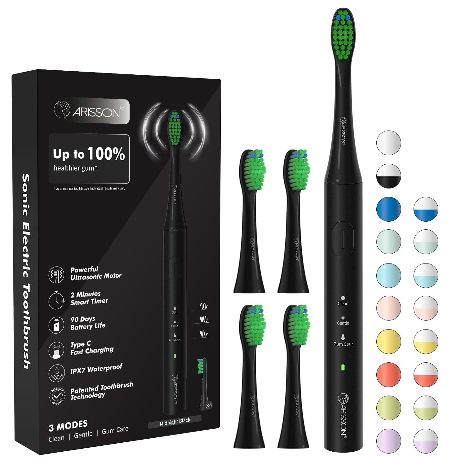 ARISSON Sonic Electric Toothbrush for Adults & Kids, 1.5H Fast Charge for 90 Days, 40,000 VPM Adjustable Clean, 4 Dupont Brush Heads, 1.6 Oz Compact Travel Case & Wall Holder, Black