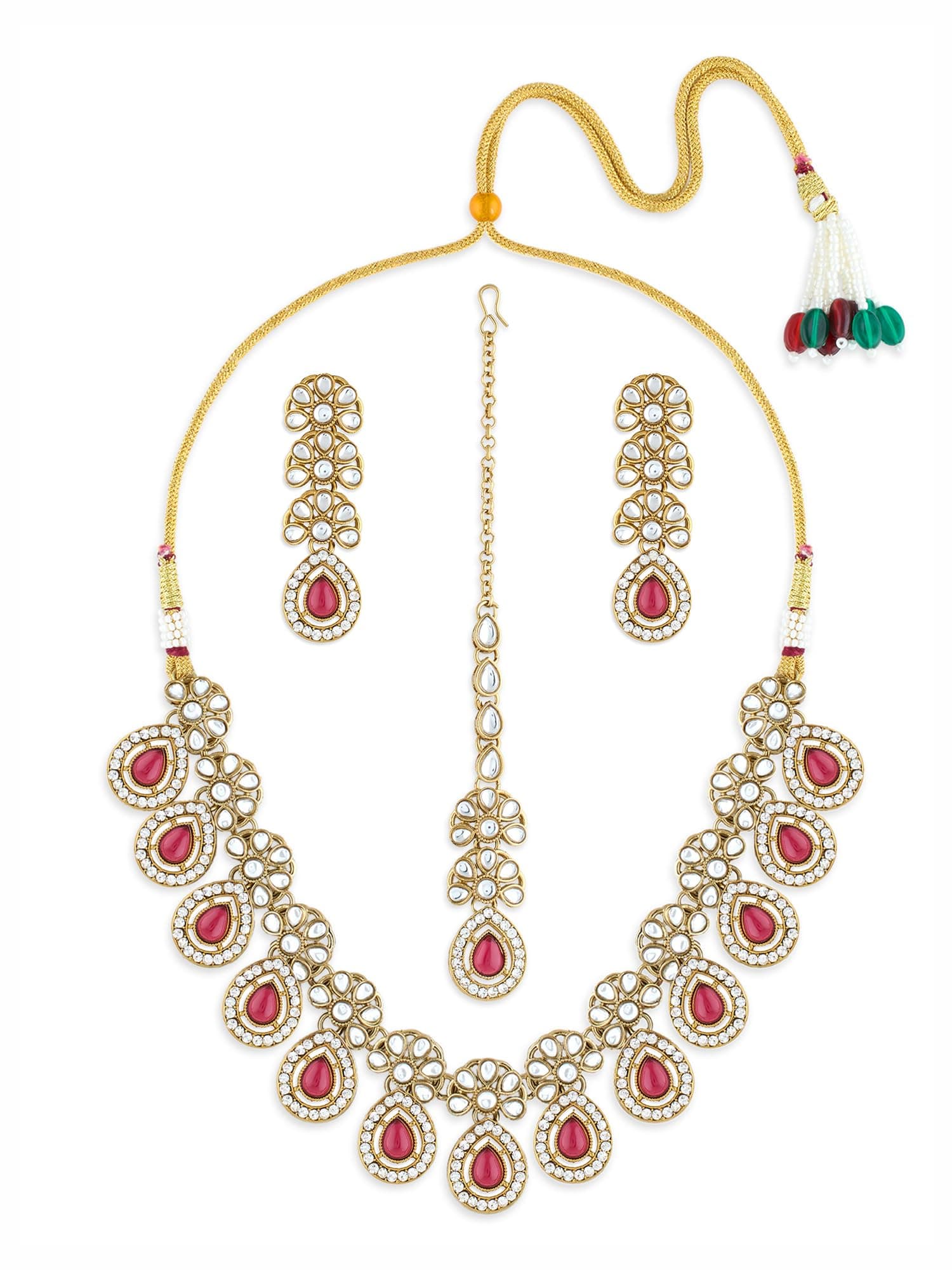 ZAVERI PEARLS Pink Stones Antique Plated Traditional Kundan Necklace Earring & Maangtikka Set For Women-ZPFK21298