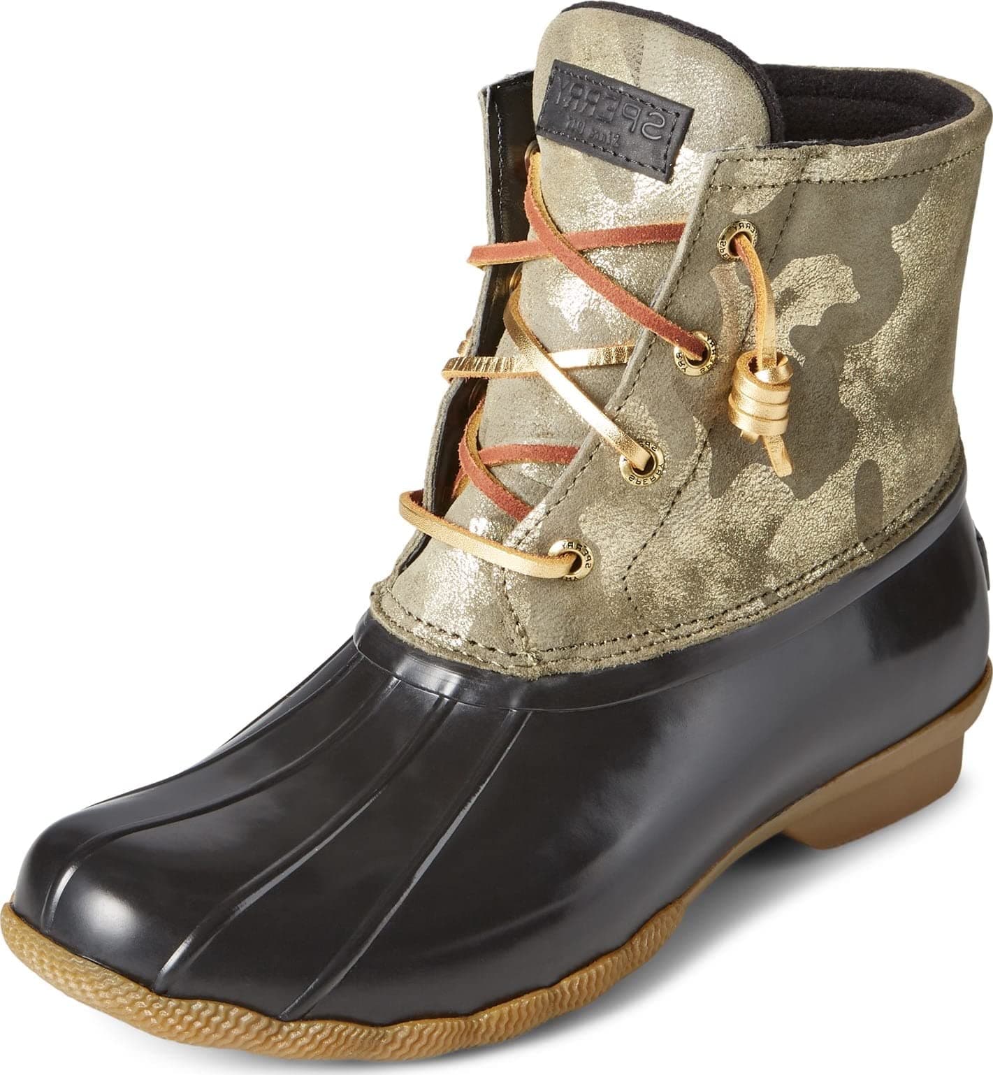 Sperry Womens Saltwater Metallic Camouflage Zippered Duck Casual Boots Ankle Low Heel 1-2" - Black, Gold, Olive Camo, 6 UK