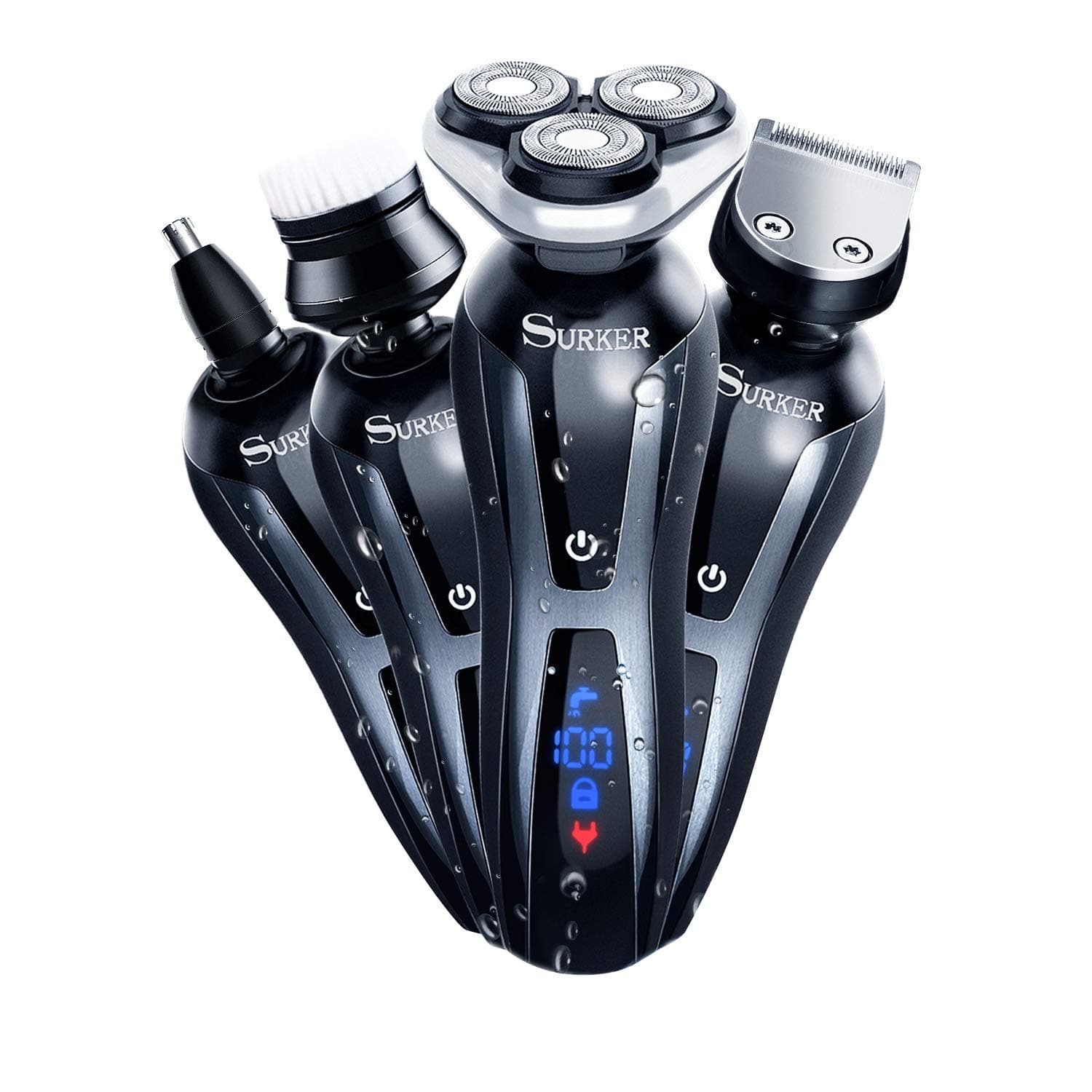 SURKER 3 in 1 Electric Cordless Waterproof USB Rechargeable Dry Wet Grooming Beard Electric Shaver Trimmer Kit with Facial Cleansing Brush for Men for Nose, Hair, Black