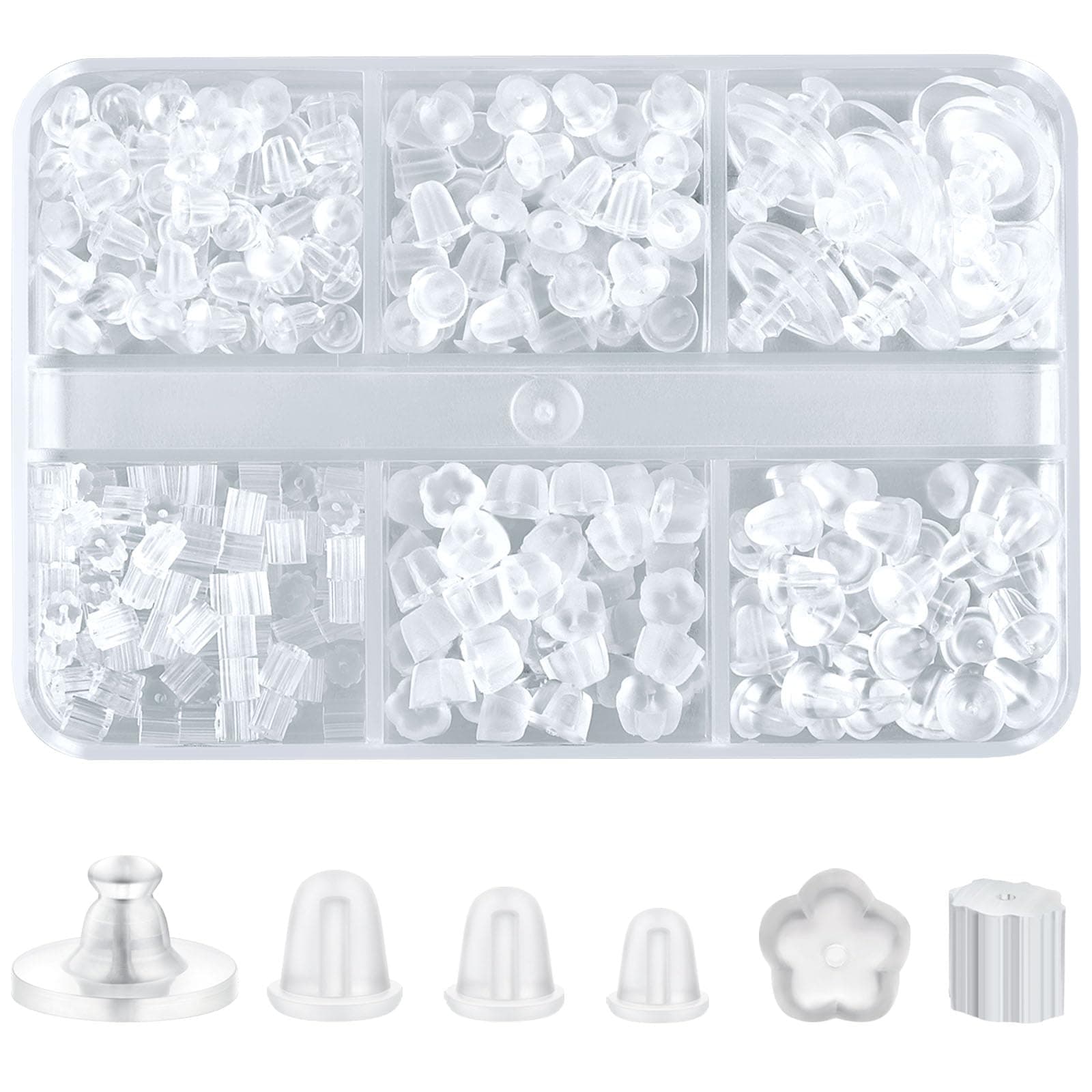 6 Styles Silicone Earring Backs, 600 Clear Soft Hypoallergenic Plastic Rubber Earring Backs Clutch Stoppers Kits for Fish Hook Hoops