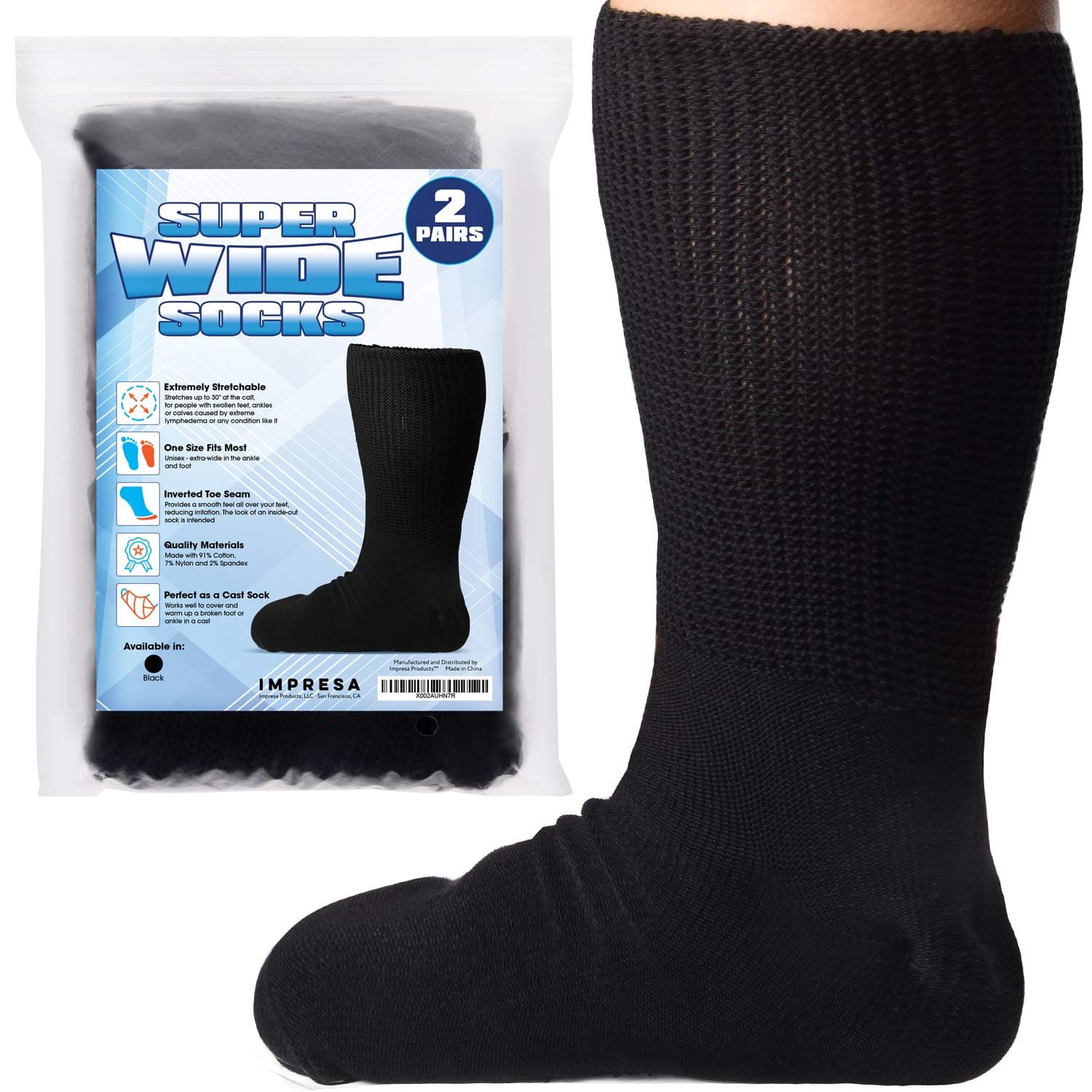 2 Pairs of Extra Extra Wide Socks for Lymphedema - Bariatric Sock - Oversized Sock Stretches up to 30'' Over Calf for Swollen Feet and Mens and Womens Legs - One Size Unisex