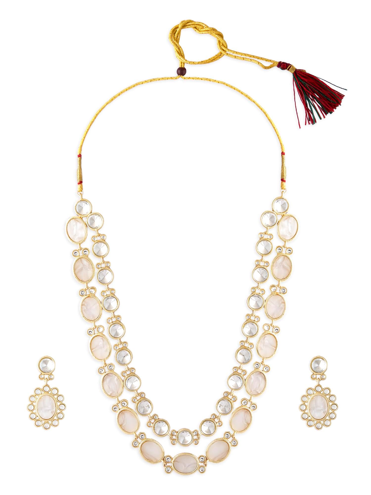 ZAVERI PEARLS Gold Tone Dazzling Stones Mother of Pearls Embellished Layered Necklace & Earring Set For Women-ZPFK18023